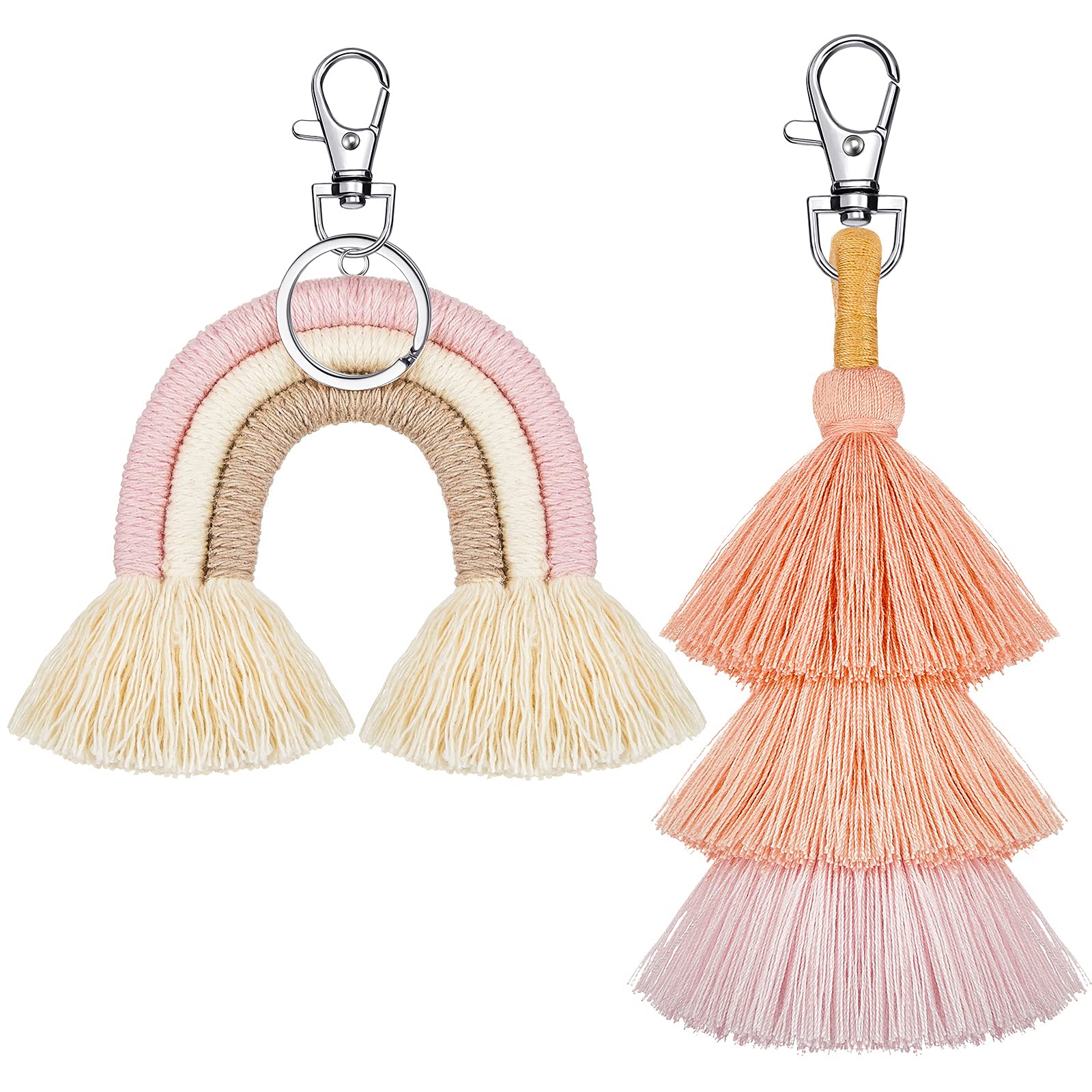 Hicarer 2 Pack Boho Rainbow Keychains with Pom Pom Tassels, Macrame Keychains for Women, Perfect for Backpacks, Purses, and Gift Giving