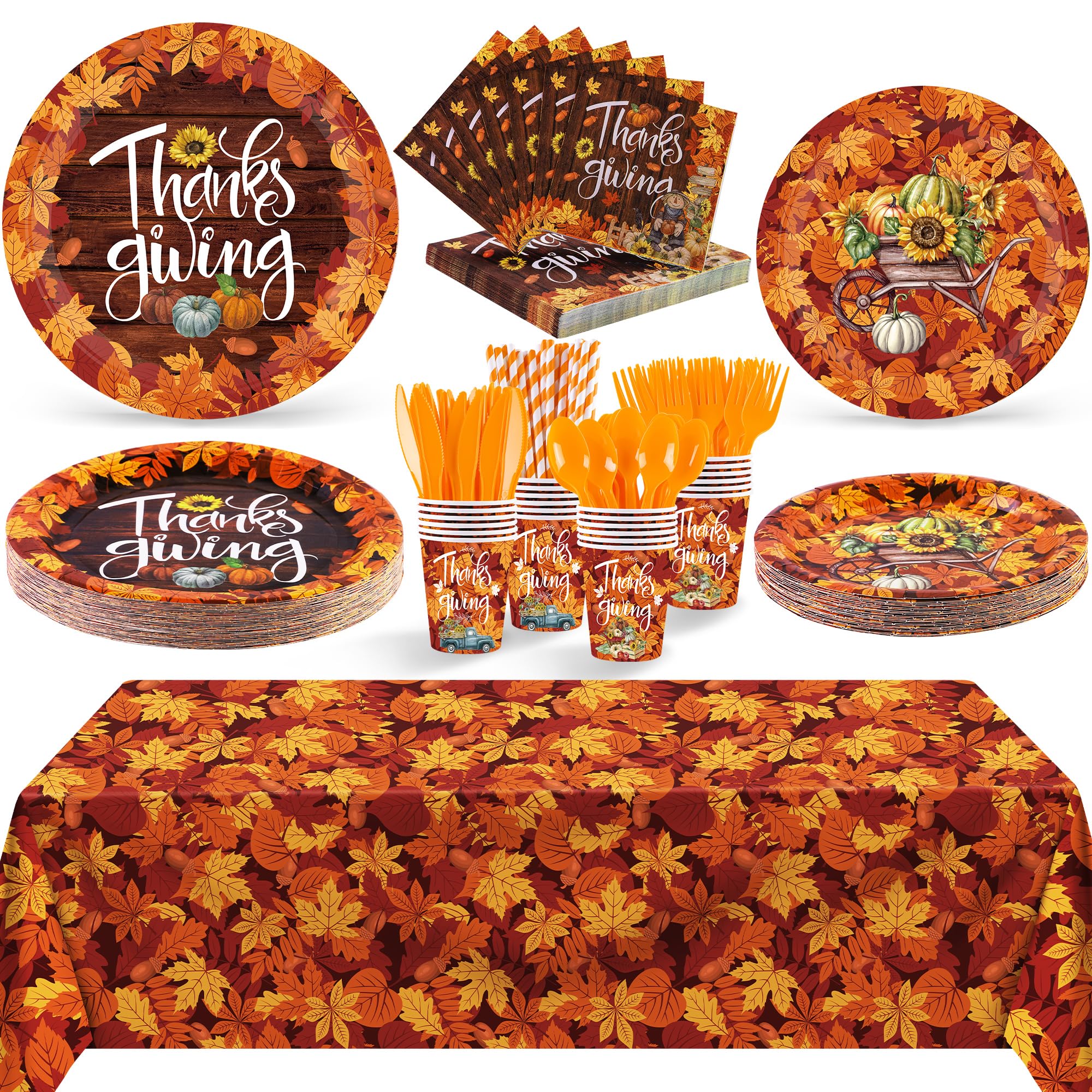 Ruisita 194-Piece Fall Party Dinnerware Set - Thanksgiving Maple Leaves Disposable Plates, Cups, Cutlery, Napkins & Tablecloth - Autumn Harvest Party Supplies for 24 Guests - Perfect for Thanksgiving, Halloween, and Seasonal Gatherings