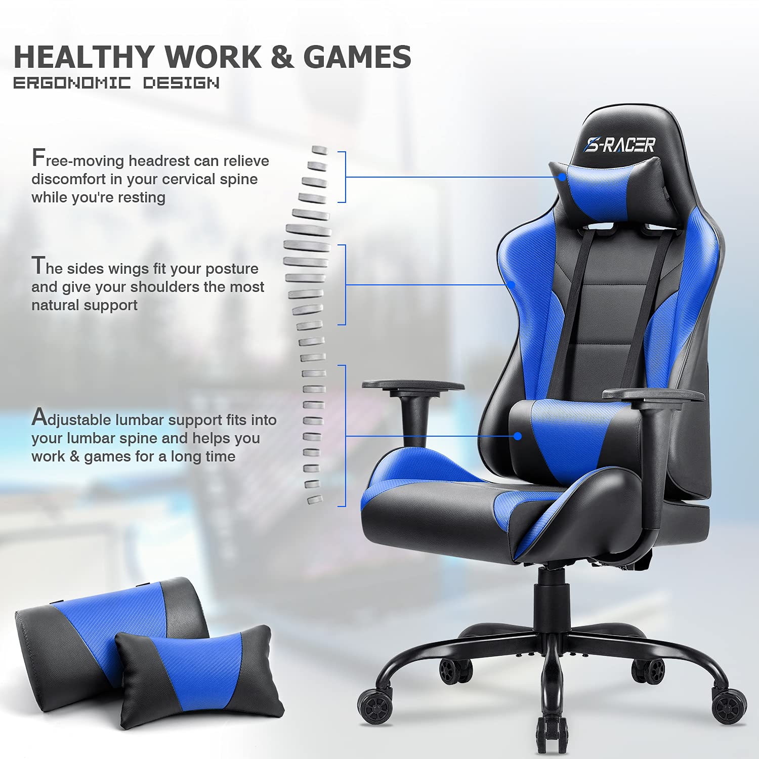 Homall High Back Gaming Office Chair - Ergonomic PU Leather Computer Desk Chair with Adjustable Height, Swivel & Headrest - Perfect for Gaming, Work & Home Office (Blue)