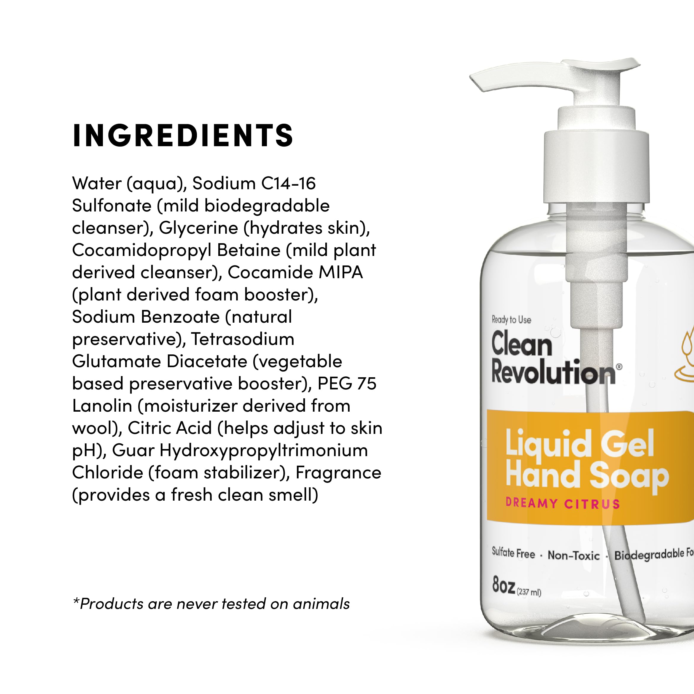 Clean Revolution Liquid Gel Hand Soap with Real Essential Oils - Silky Rich Formula, Quick Lather & Fast Rinsing, Dreamy Citrus Scent (8 Fl Oz) | Gentle Cleansing for Kitchen, Bathroom & Office Use