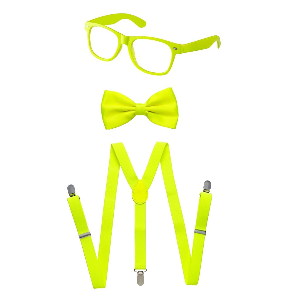 Neon Suspenders with Bow Tie & Sunglasses Set for Adults & Kids - Fun Party & Cosplay Accessories - Perfect for Halloween, Raves & Themed Events