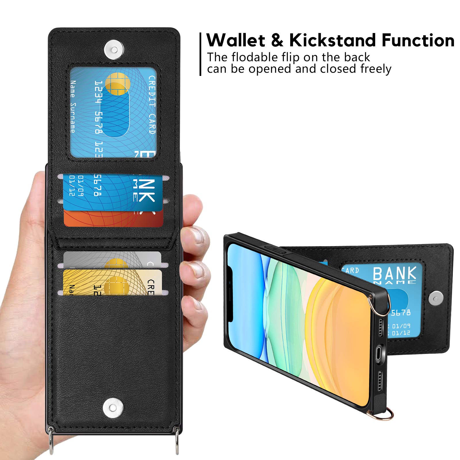 Vofolen Premium Leather PU Flip Wallet Case for iPhone 11 - Magnetic Clasp, Kickstand & Lanyard Strap | Heavy Duty Protective Cover with Card Holder | Perfect for Women & Girls (Black) | Ideal for Work, Travel & Everyday Protection