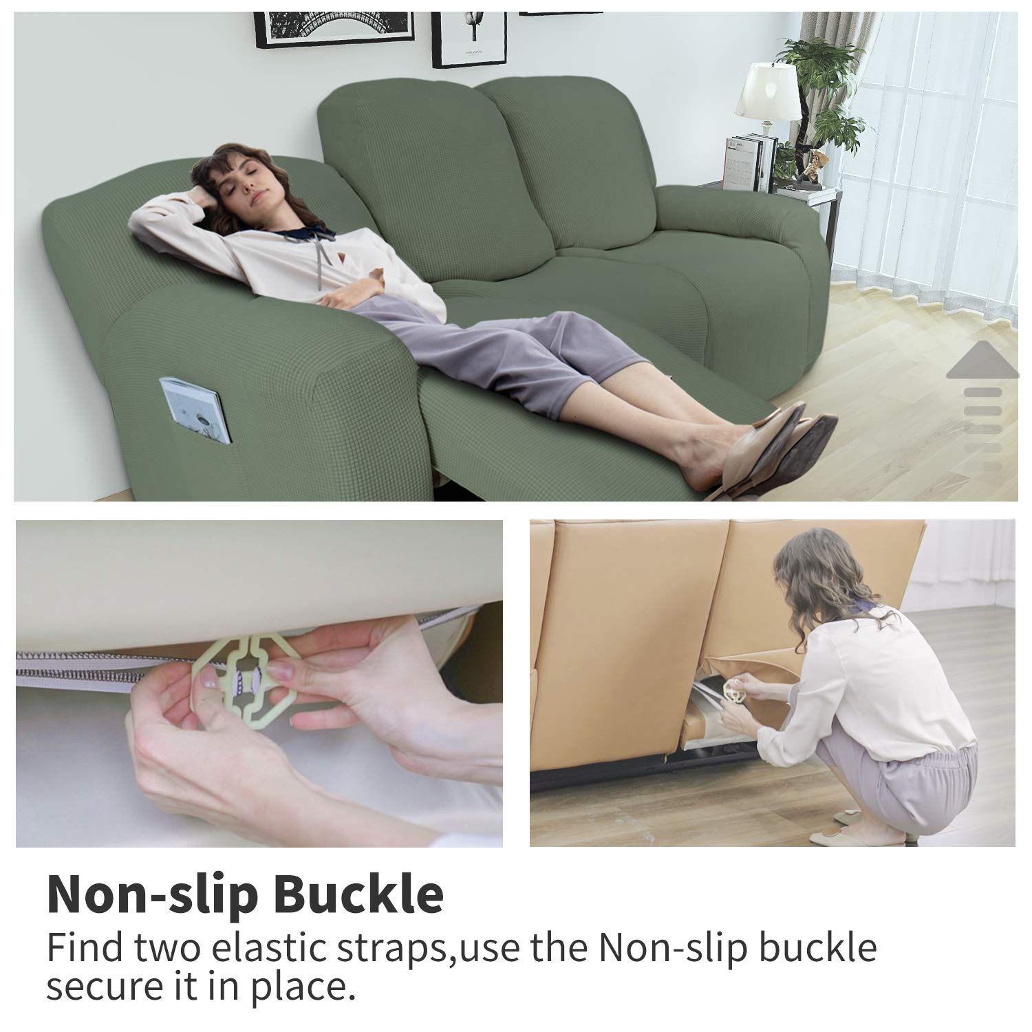 8-Piece Recliner Sofa Slipcover Set - Stretchable Furniture Protector with Elastic Bottom, Soft Spandex Jacquard Fabric in Small Checks Greyish Green - Perfect for Living Room, Family Room, and Pet-Friendly Homes