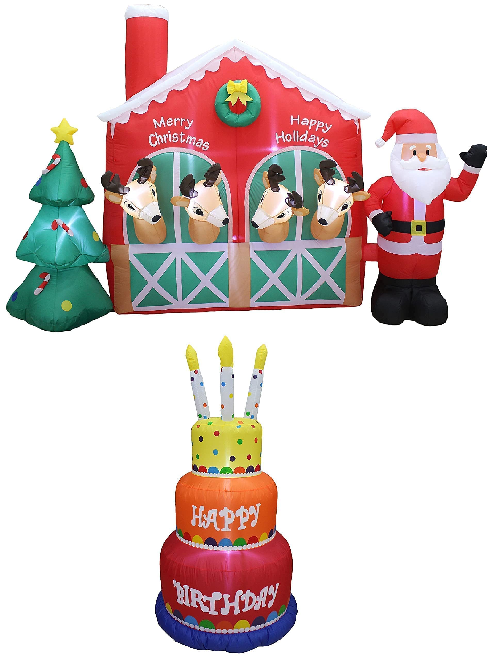 9ft Inflatable Santa Claus Reindeer & Christmas Tree Decorations + 6ft Happy Birthday Cake with Candles - Outdoor Christmas & Birthday Party Decor Bundle for Yard, Garden, and Holiday Celebrations