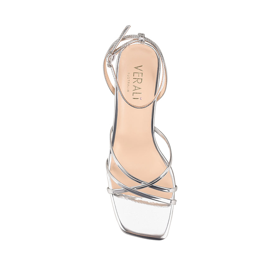 Nakita Women's Block Heel Sandals - Silver Mirror Glitter Summer Dress Shoes for Weddings, Parties & Night Out