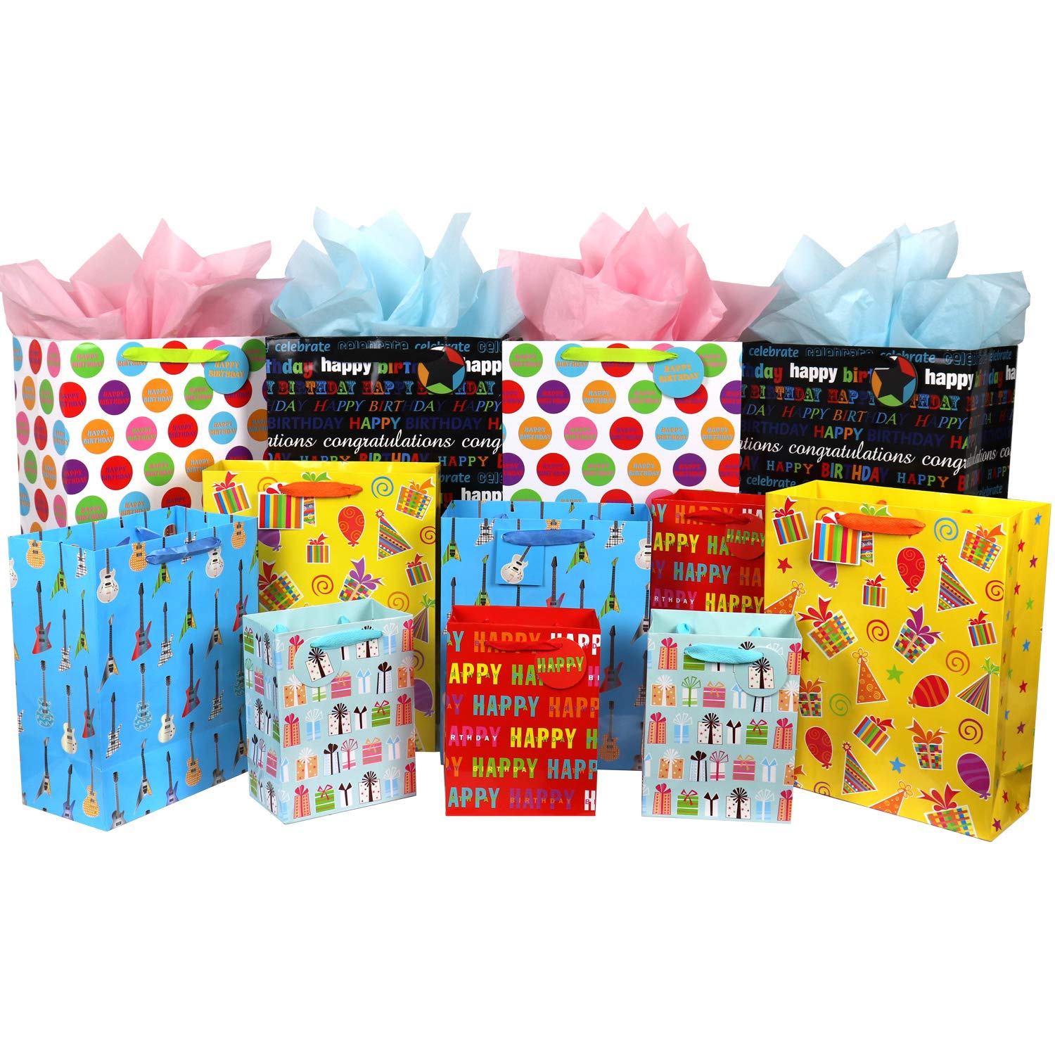 12-Piece Birthday Gift Bags Set - Large, Medium & Small Assorted Sizes for Boys, Girls, Women & Men - Perfect for Parties, Baby Showers & Holiday Gifting