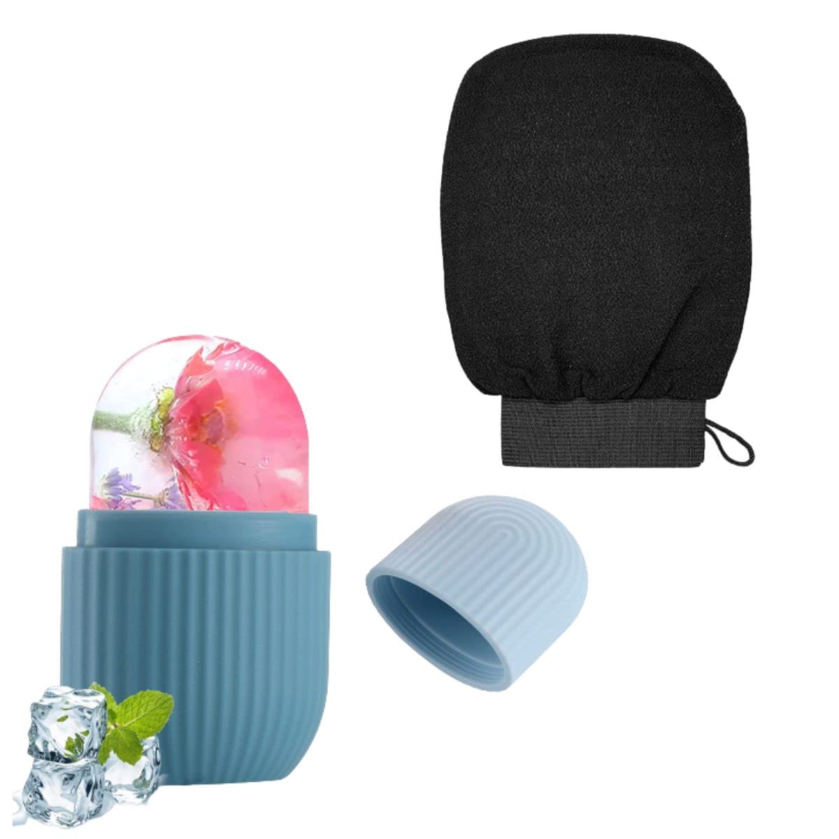 PULSBERY Ice Roller for Face & Exfoliating Glove Set - Deep Clean Dead Skin Removal, Home Spa Facial Massager & Body Scrubber for Smooth Skin - Perfect for Post-Workout Recovery & Relaxing Bath Time