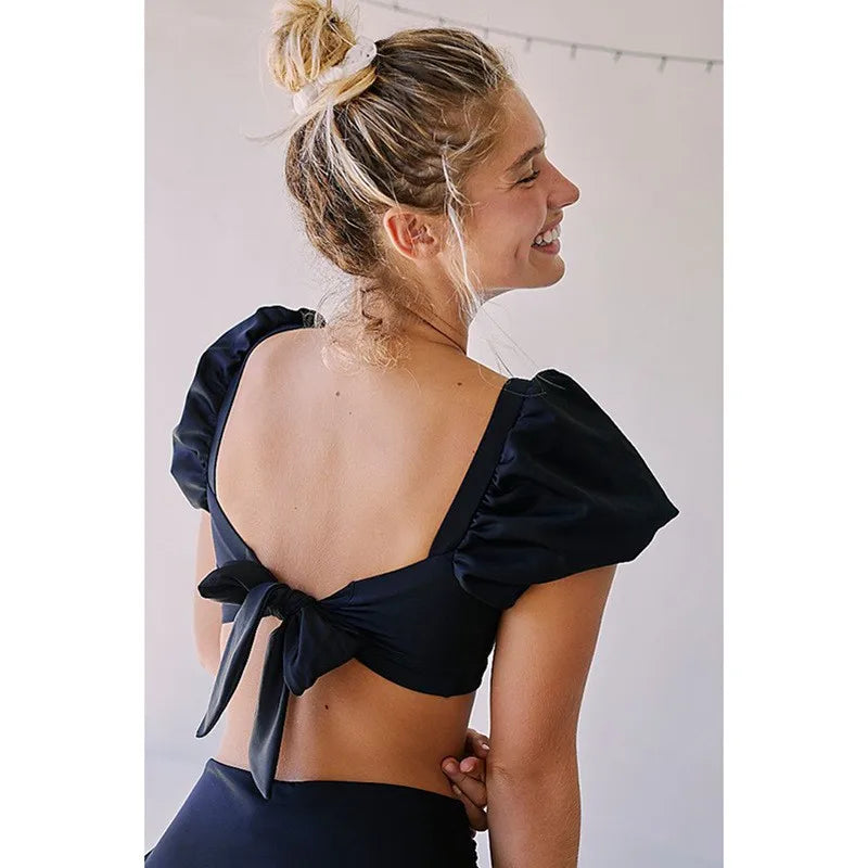 Sexy Black Backless Puff Sleeve Bikini Set - Solid Color Split Swimsuit for Women | Summer Beachwear, Pool Party, Vacation Swimwear, Tropical Getaway Outfit