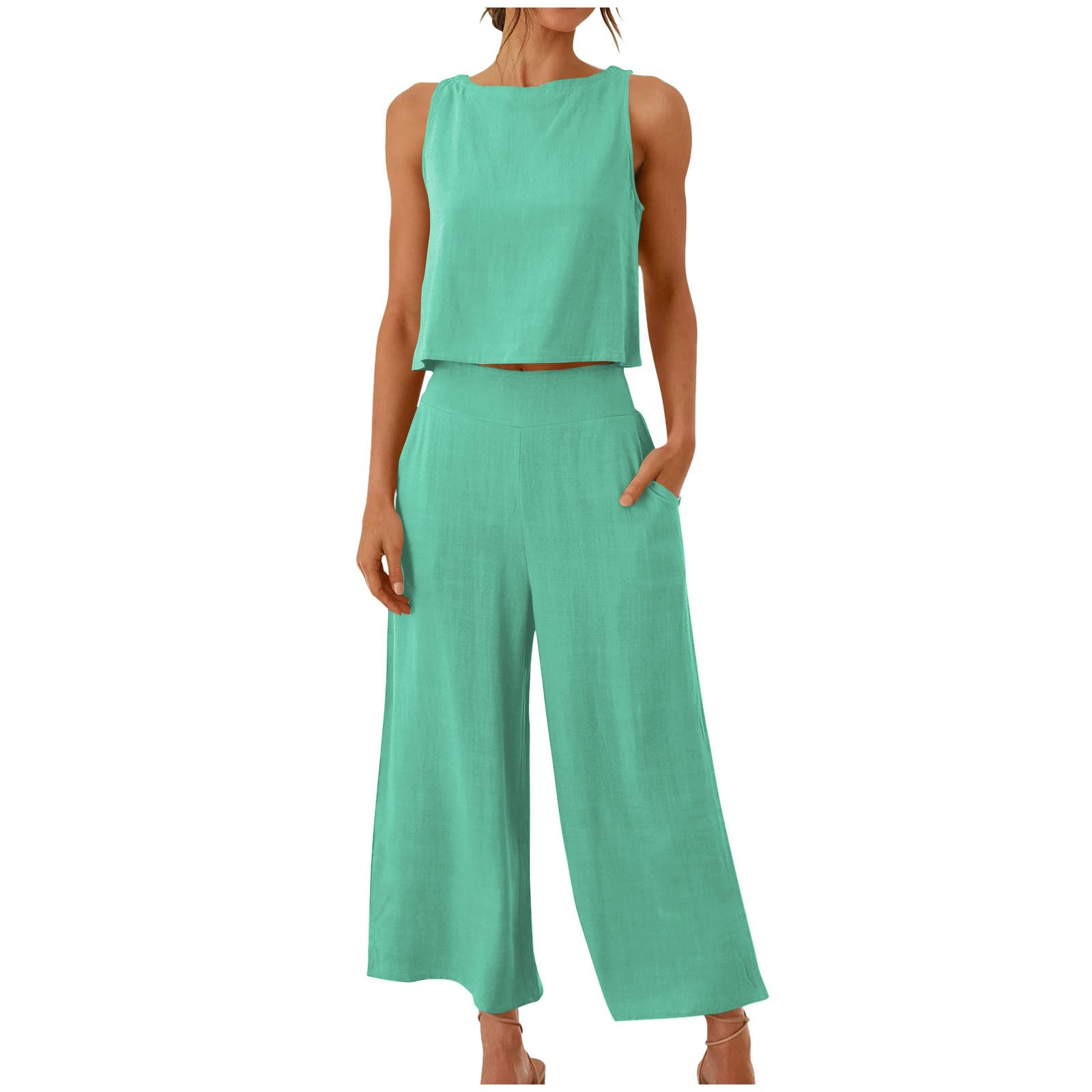 Women's 2-Piece Summer Outfit - Linen Crop Top & High Waist Wide Leg Capri Pants Set | Lounge Wear, Casual Matching Sets for Women | Perfect for Beach Vacation, Yoga & Relaxing at Home