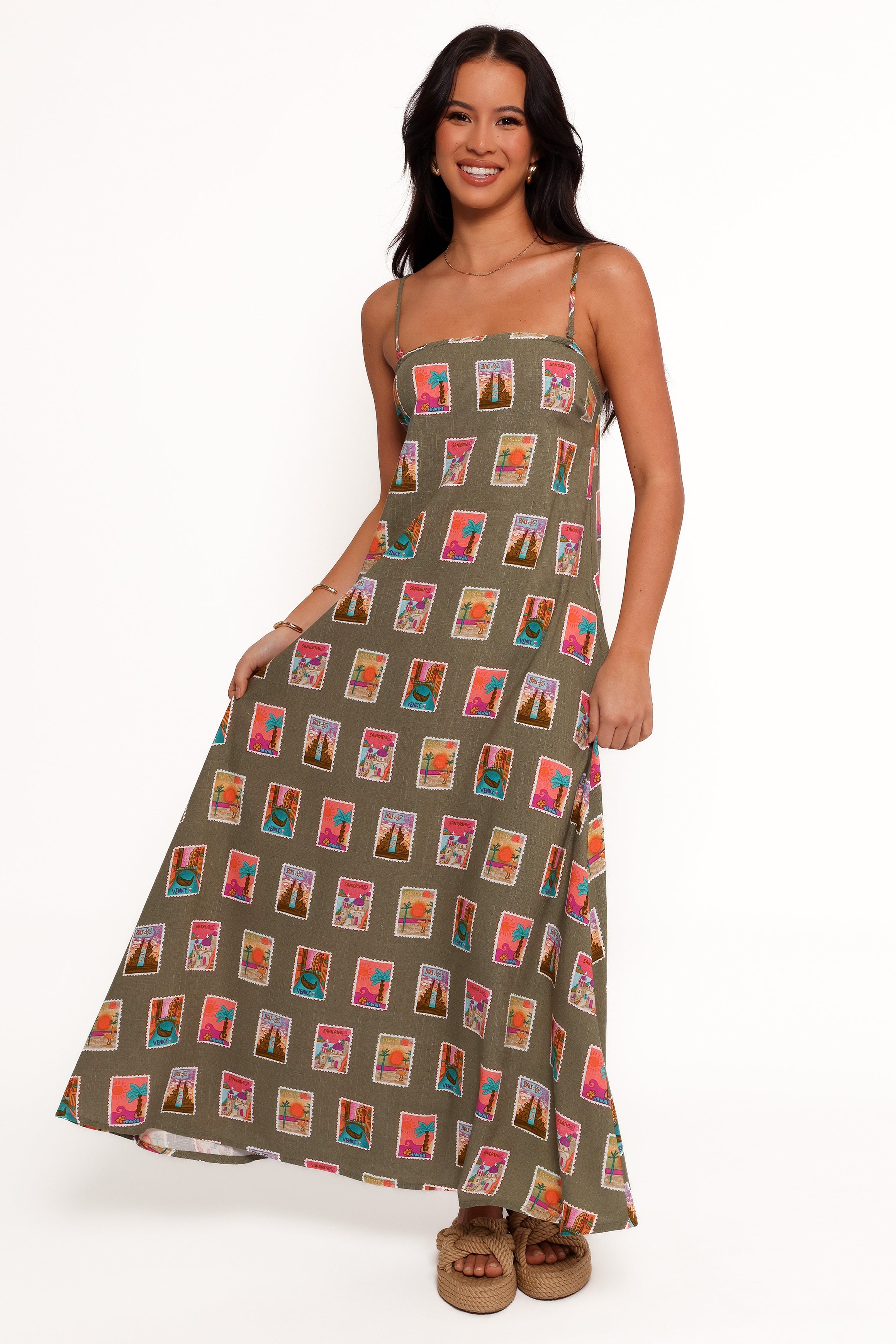 Aoife Women's Maxi Dress - Olive Print Floral Summer Dress for Beach, Vacation & Casual Wear | Long Flowy Boho Dress with Pockets