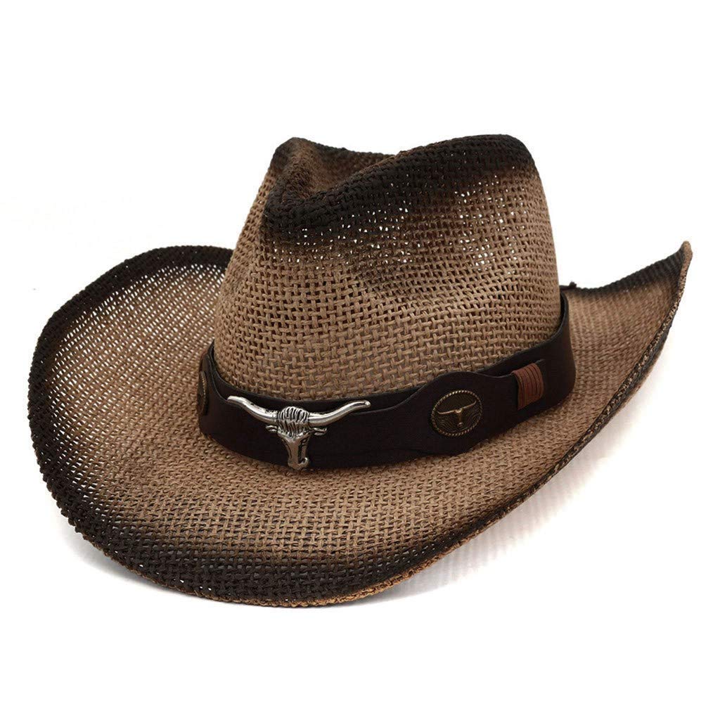 Vintage Western Cowboy Hat for Men & Women - Leather Belt Wide Brim Summer Fedora, Straw Panama Boater Hat for Riding, Outdoor & Casual Wear