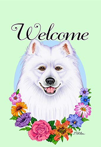 Premium Samoyed Welcome Flowers House Flags - Durable Outdoor Decorative Banner for Garden, Yard, and Front Porch