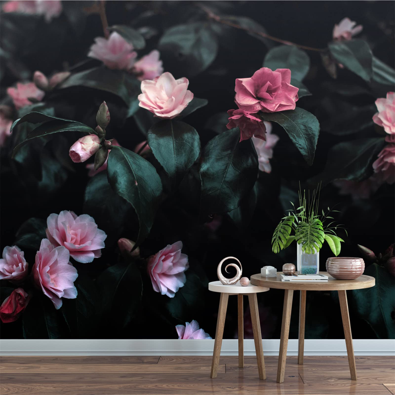 Pink Flowers and Green Plants Removable Wall Mural - Large Self-Adhesive Wallpaper for Living Room, Bedroom, Office & Kids Room Decor (144
