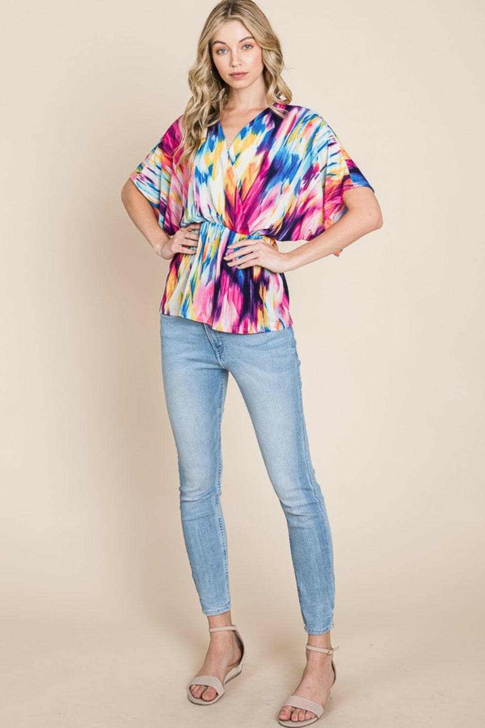 BOMBOM Women's Printed Surplice Peplum Blouse - Flowy Floral Tops for Work, Party & Casual Wear