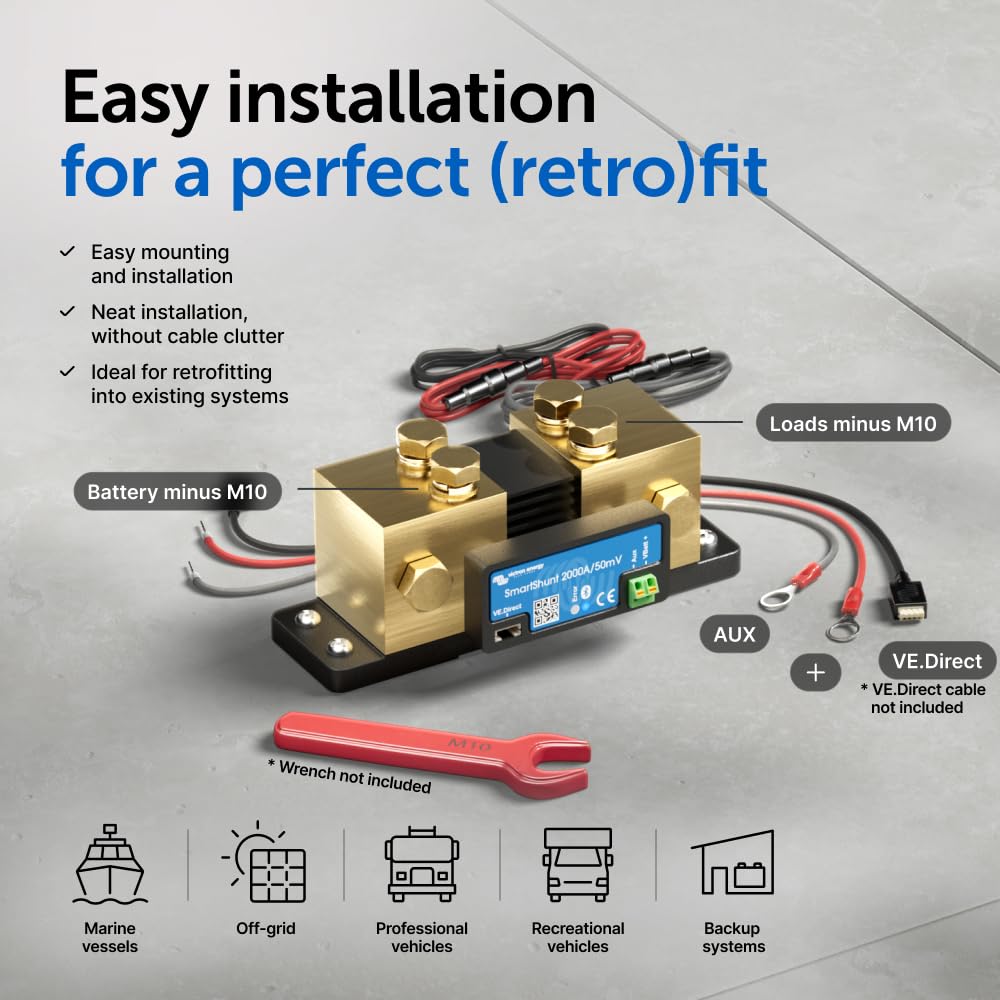 Victron Energy SmartShunt 2000A Bluetooth Battery Monitor - Accurate Battery Voltage & Current Tracking for RVs, Boats & Solar Systems