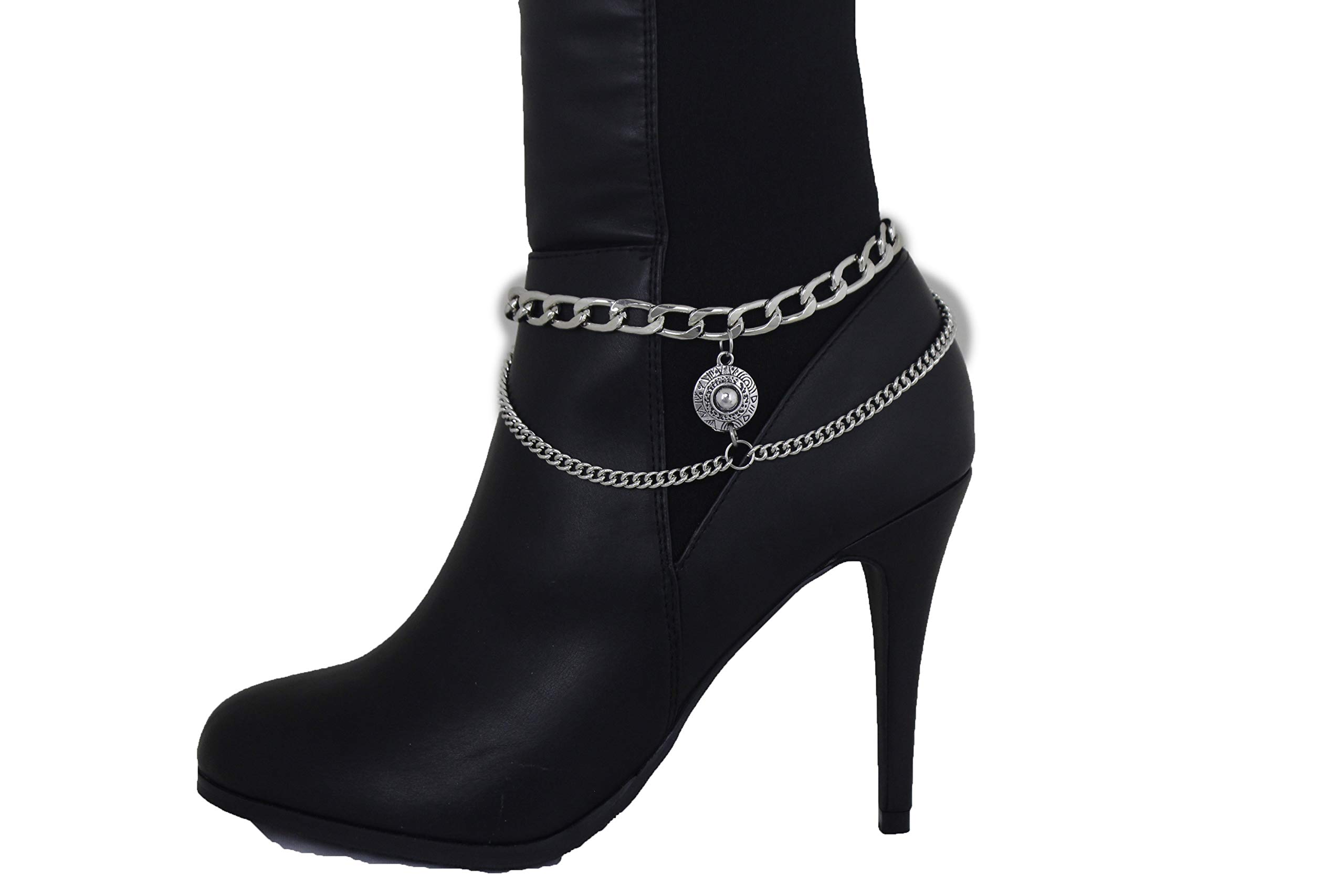 TFJ Women's Western Boot Chain Metal Bling Bracelet - Silver Medallion Coin Anklet for Cowgirl Fashion | Perfect for Country Music Festivals, Rodeo Events & Boho Style Outfits