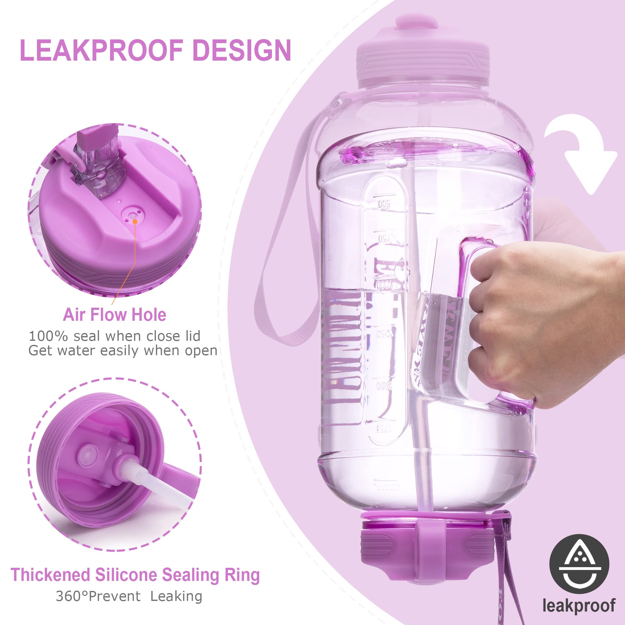 **2.2L (74oz) Leakproof Half Gallon Water Bottle with Straw & Handle - BPA Free Large Sports Water Jug for Camping, Hiking, Gym & Outdoor Activities (Purple)**