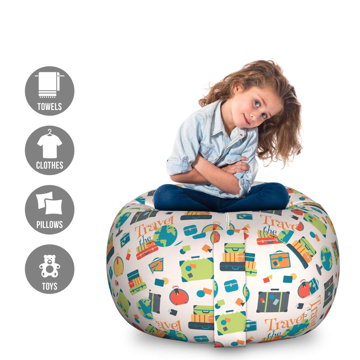 Ambesonne Travel The World Storage Toy Bag Chair - Large Washable Stuffed Animal Organizer with Calligraphy Design, Colorful Suitcases & Globe - Perfect for Kids' Room, Playroom & Travel - Green Aqua