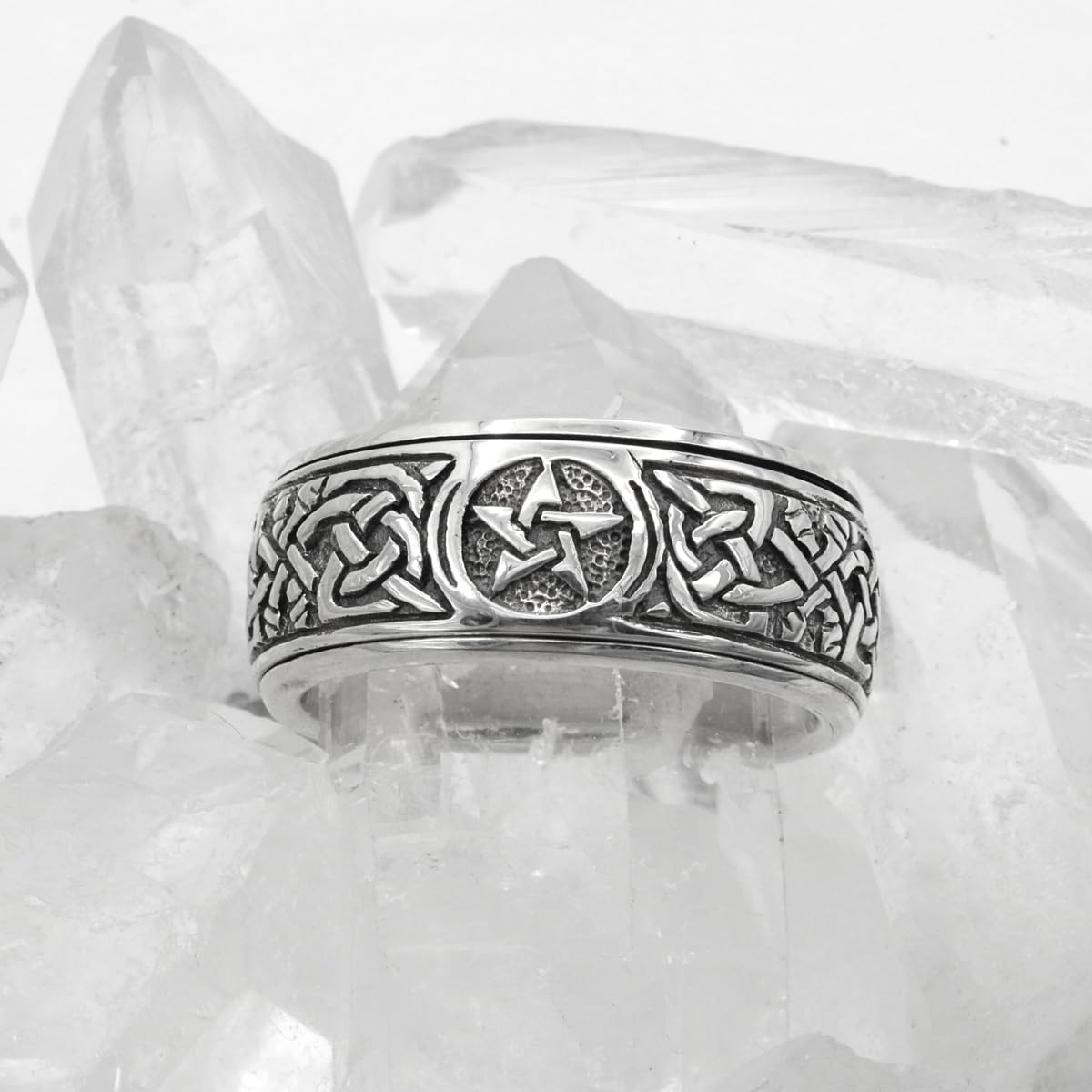 Moonlight Mysteries Sterling Silver Celtic Knot Pentacle Spinner Worry Ring - Wicca Pagan Jewelry for Stress & Anxiety Relief (Sizes 4-15) - Perfect for Meditation, Spiritual Healing & Everyday Wear