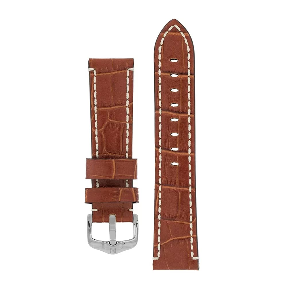 Hirsch Knight Genuine Calfskin Watch Strap - Alligator Embossed Leather with Contrast Stitching - Brown, Golden Brown, Black, Grey - Perfect for Dress Watches & Formal Occasions