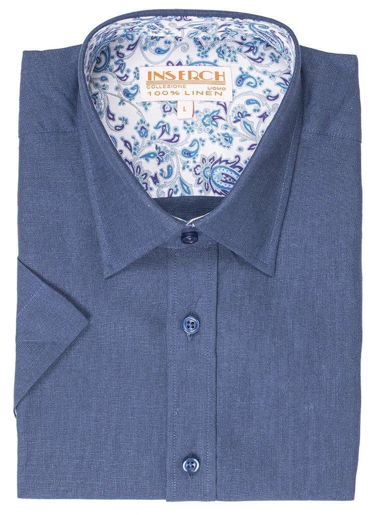 Inserch Men's Navy Blue Short Sleeve Linen Shirt - Breathable Summer Casual Wear for Outdoor Activities & Travel