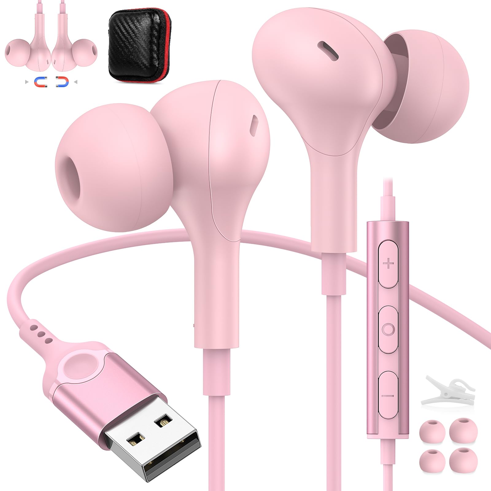 USB Headset with Microphone for PC & Laptop - 7.5FT Cord, Magnetic In-Ear Earbuds, Audio Control & Mute Function - Ideal for Office Work, Live Streaming, Gaming & Online Meetings