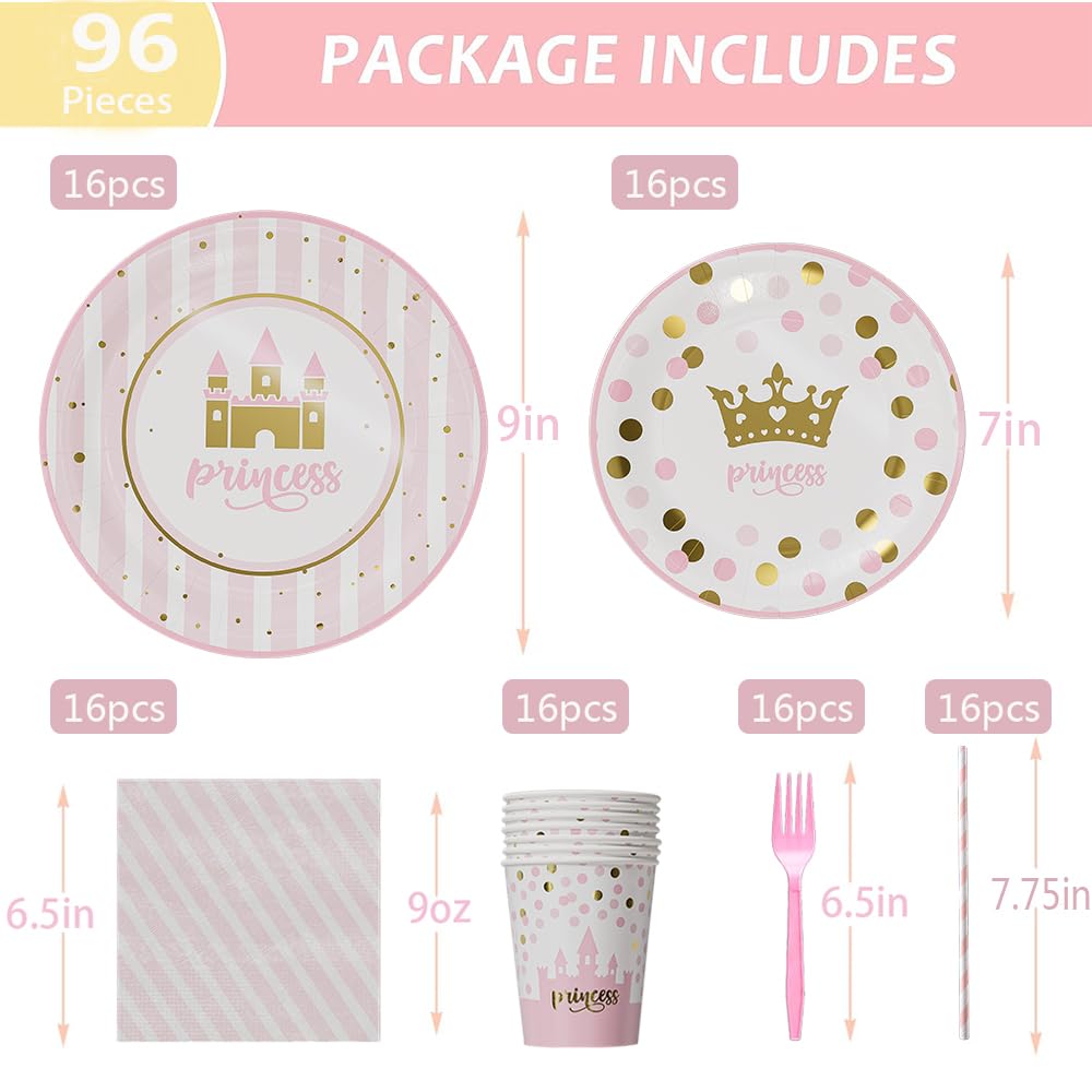 96Pcs Pink Gold Princess Birthday Party Decorations Set - Disposable Plates, Napkins, Cups, Forks & Straws - Castle Crown Theme Tableware for Girls, Baby Shower & Birthday Favors (Serves 16) - Perfect for Princess-Themed Parties, Tea Time & Special Celebrations