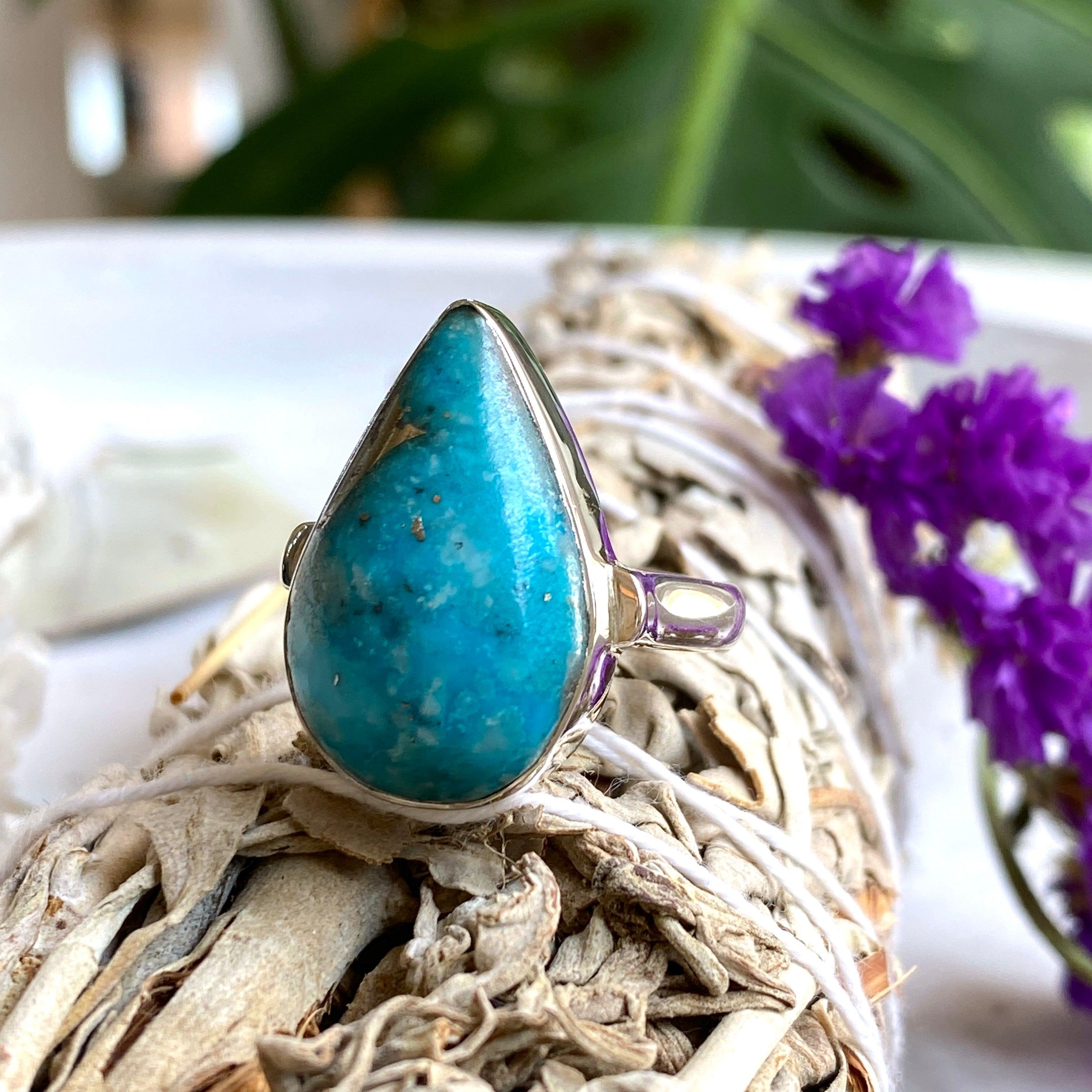 Persian Turquoise with Pyrite Teardrop Ring - Size 9 - KRGJ2522 - Elegant Boho Jewelry for Women, Perfect for Weddings, Parties & Everyday Wear