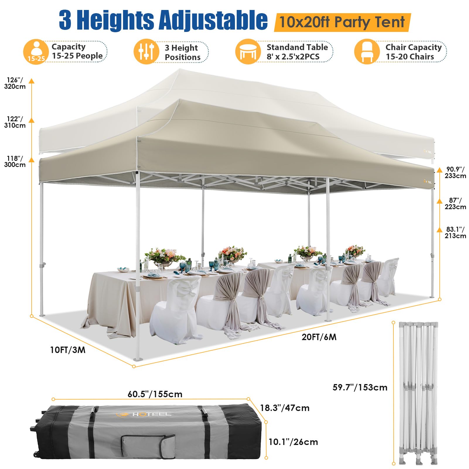 HOTEEL 10x20 Pop Up Canopy Tent - Heavy Duty Commercial Instant Gazebo with 6 Sidewalls, Roller Bag & Sand Bags - Easy Setup Hexagonal Frame for Outdoor Weddings, Parties, Events & Farmers Markets (Khaki)