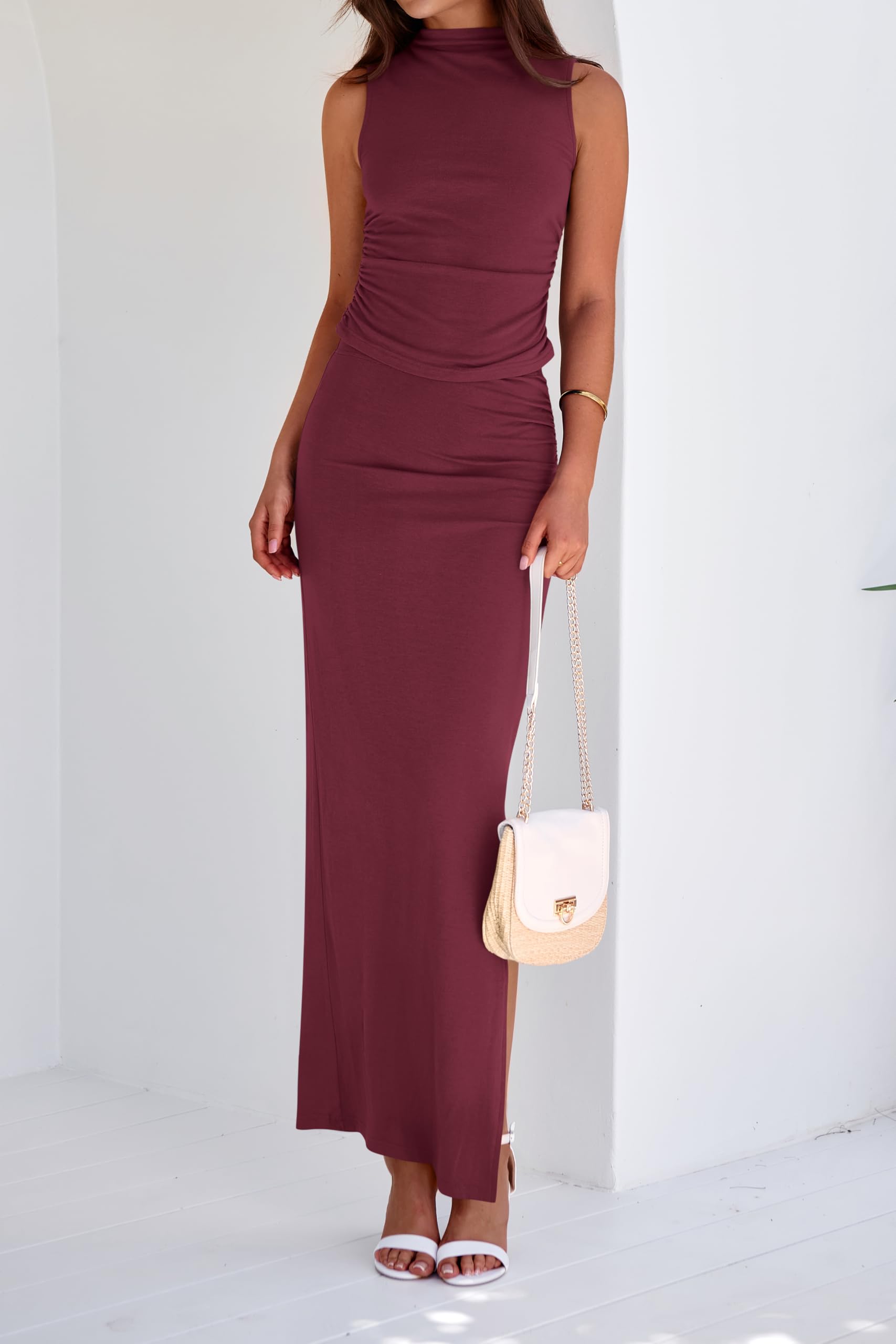 BTFBM Women's Summer Two Piece Outfit - Lightweight Mock Neck Sleeveless Knit Top with Maxi Skirt Set | Casual Going Out Dress for Beach, Vacation & Date Night