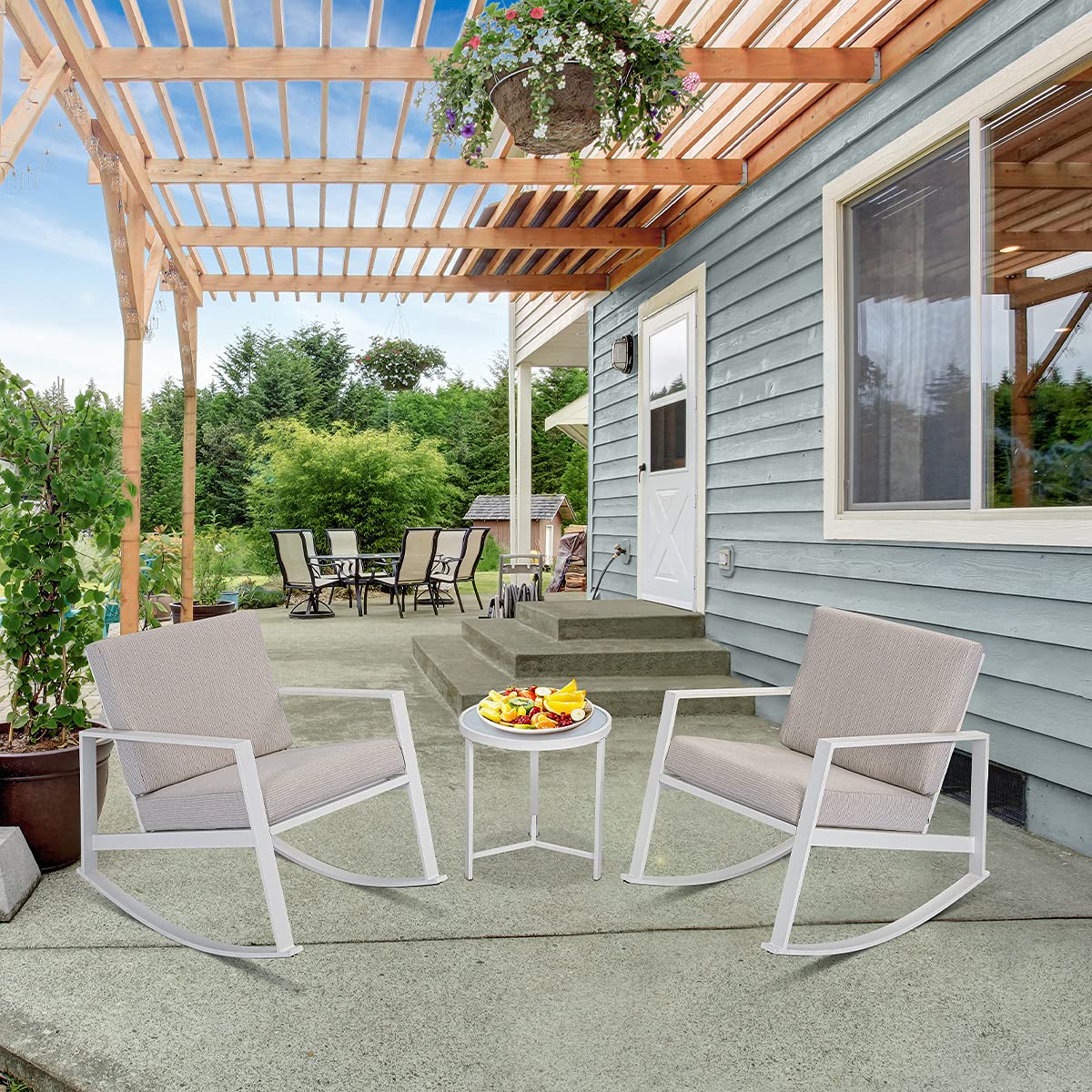 AQUILLA 3-Piece Outdoor Patio Rocking Chair Set with Metal Frame & Tempered Glass Table - Beige Gray Cushioned Bistro Furniture for Balcony, Garden, Lounge - Durable Weather-Resistant Outdoor Seating for Relaxing & Entertaining