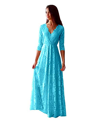 Honeydress Women's Vintage Lace Long Sleeve Bridesmaid Dress V-Neck Formal Evening Gown for Wedding Party, Prom, Homecoming & Special Occasions