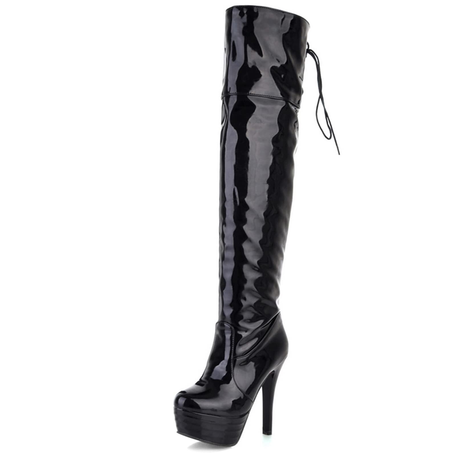 Bviennic Women's Stiletto Heel Platform Over The Knee Patent Leather Boots - Sexy High Heel Boots for Party, Nightclub & Evening Wear