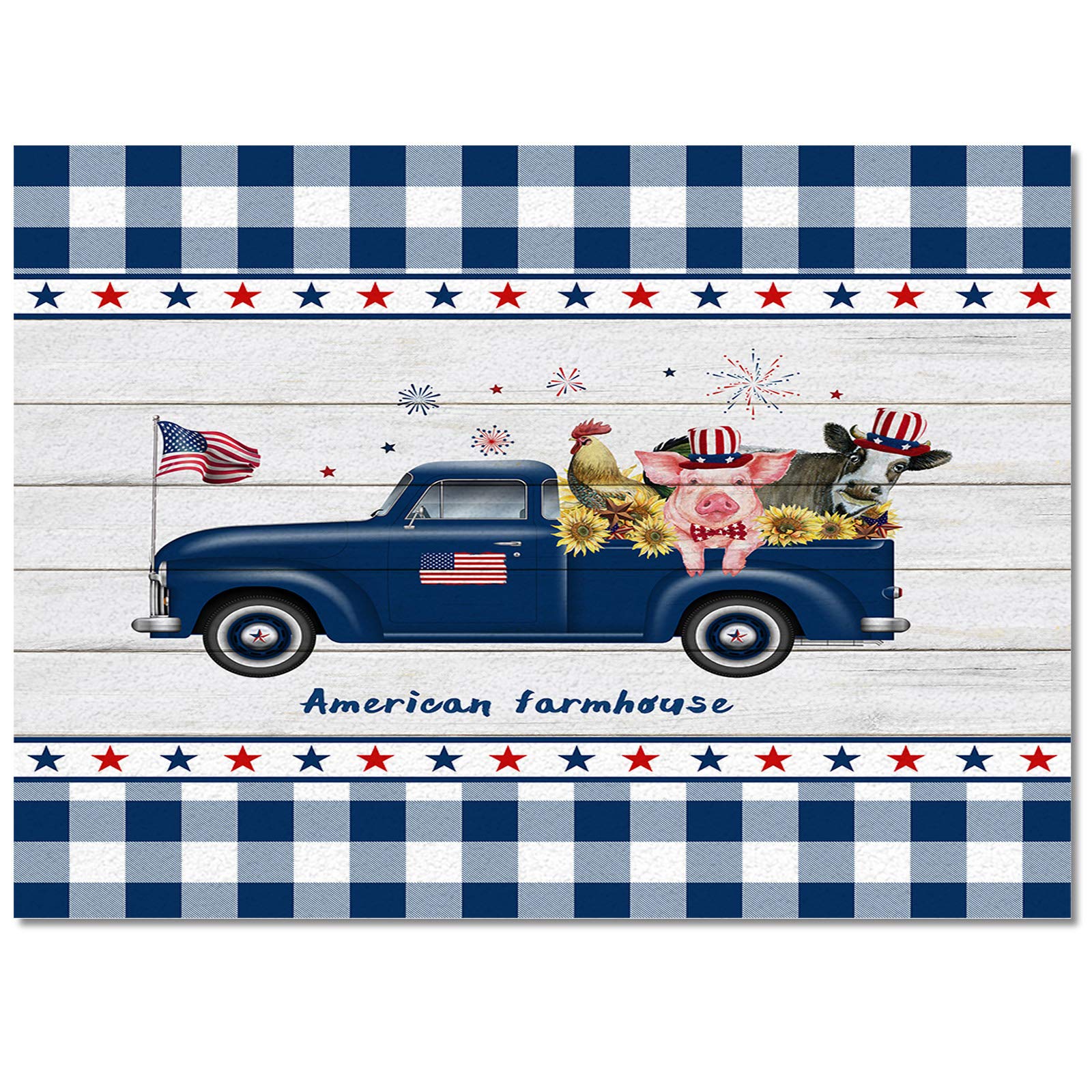 4'x6' Waterproof Outdoor Rug - Patriotic Independence Day Truck Pig Design, Non-Slip Washable Floor Mat for Patio, Dining Table, Bathroom, Kitchen & Laundry Room - Sweet Land of Liberty American Flag Decor