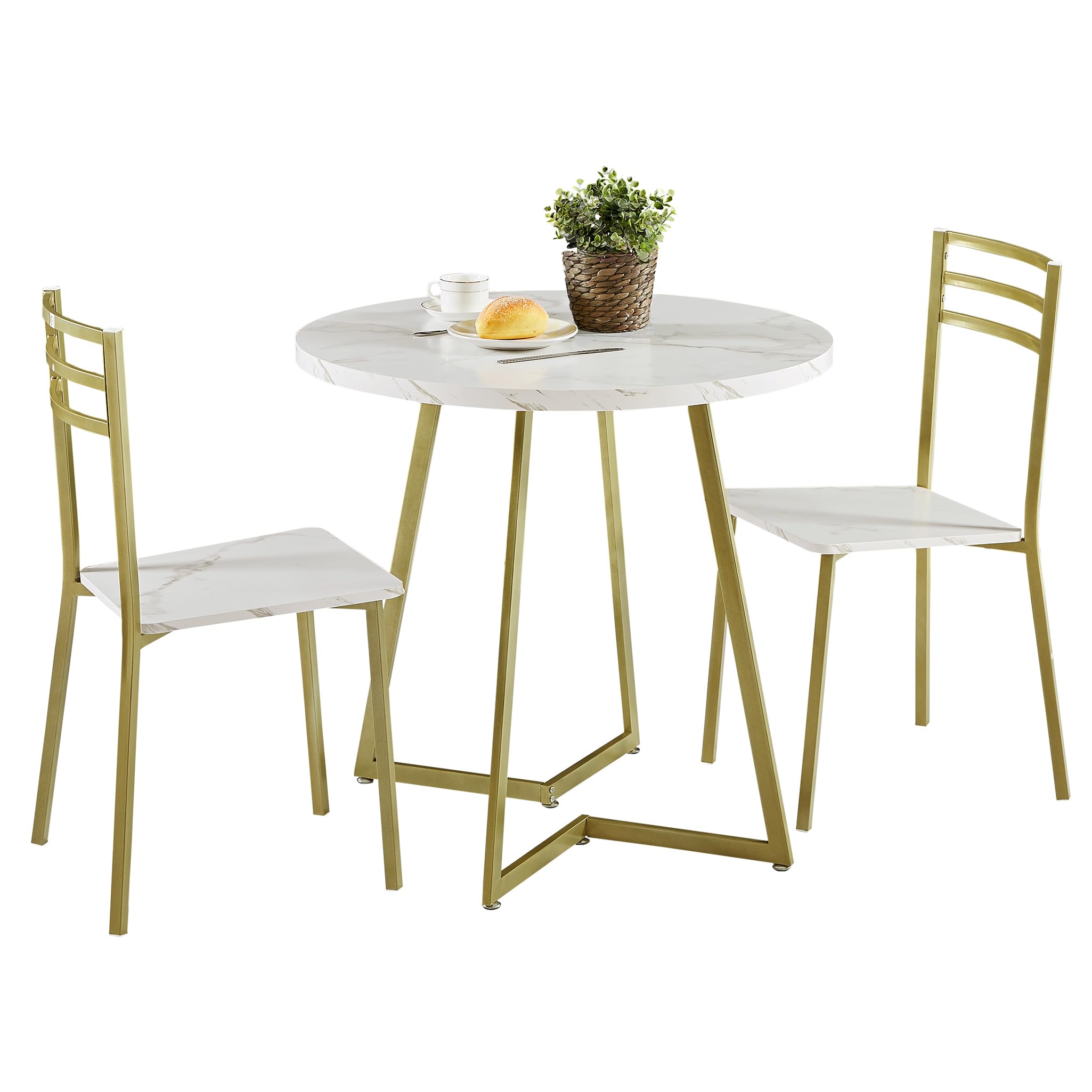 VECELO 2-Person Small Round Dining Table Set with Wood Tabletop & Sturdy Metal Frame - Modern Kitchen Dinette, Breakfast Nook & Living Room Furniture in White & Gold - Perfect for Small Spaces, Apartments & Cozy Dining Areas