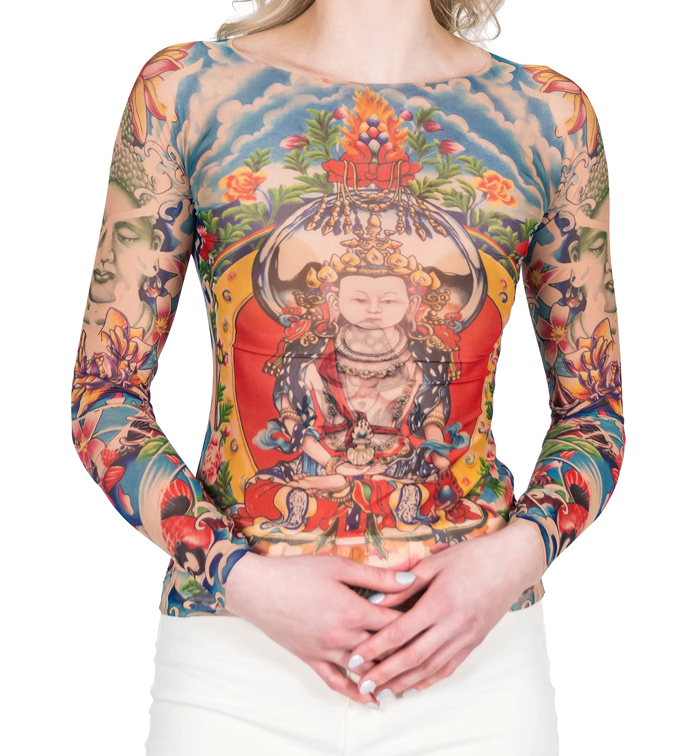 Wild Rose Women's Prayer Buddha Yoga Meditation Lotus Koi Zen Blue Tattoo Print Mesh Shirt - Perfect for Yoga, Meditation, and Spiritual Retreats