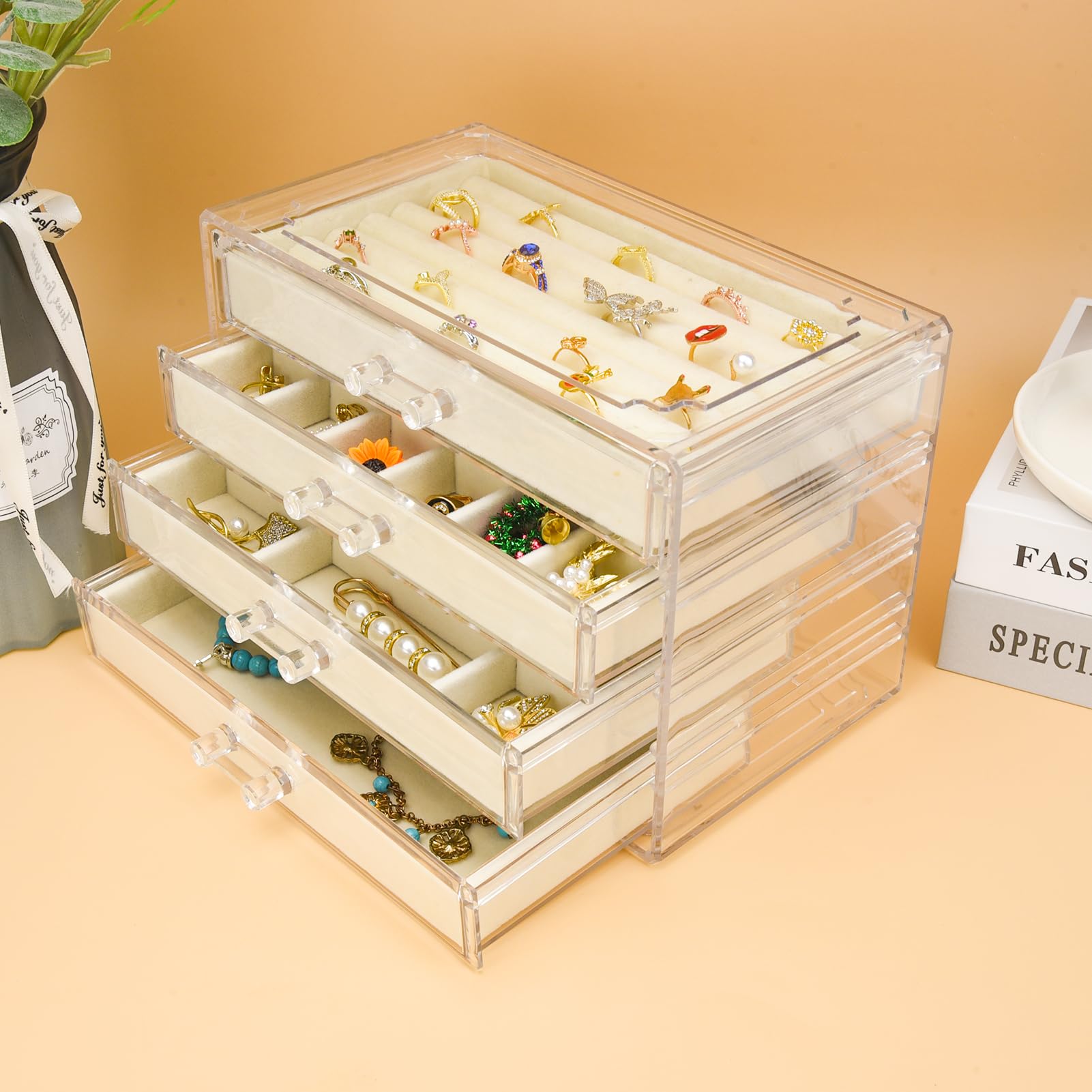Weiai 4-Drawer Clear Acrylic Jewelry Organizer Box - Jewelry Storage Case for Necklaces, Rings, Earrings & Bracelets - Perfect for Bedroom, Bathroom & Travel Organization (Beige)