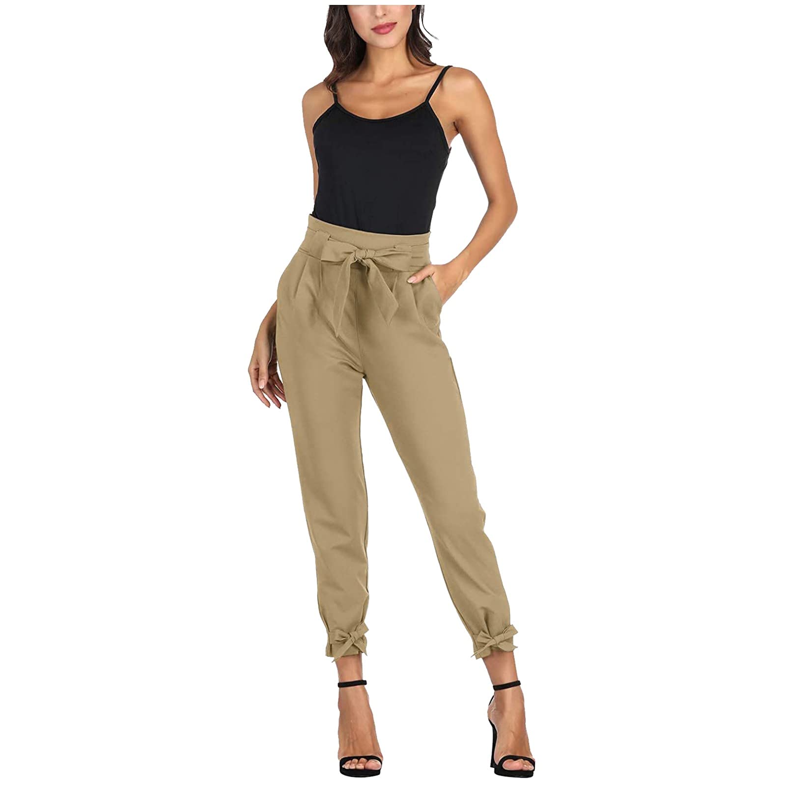 Women's High Waist Pencil Pants with Bow-Knot Detail & Pockets - Plus Size Casual Party Pants (Coffee, Small) | Perfect for Office Wear, Cocktail Parties & Date Nights