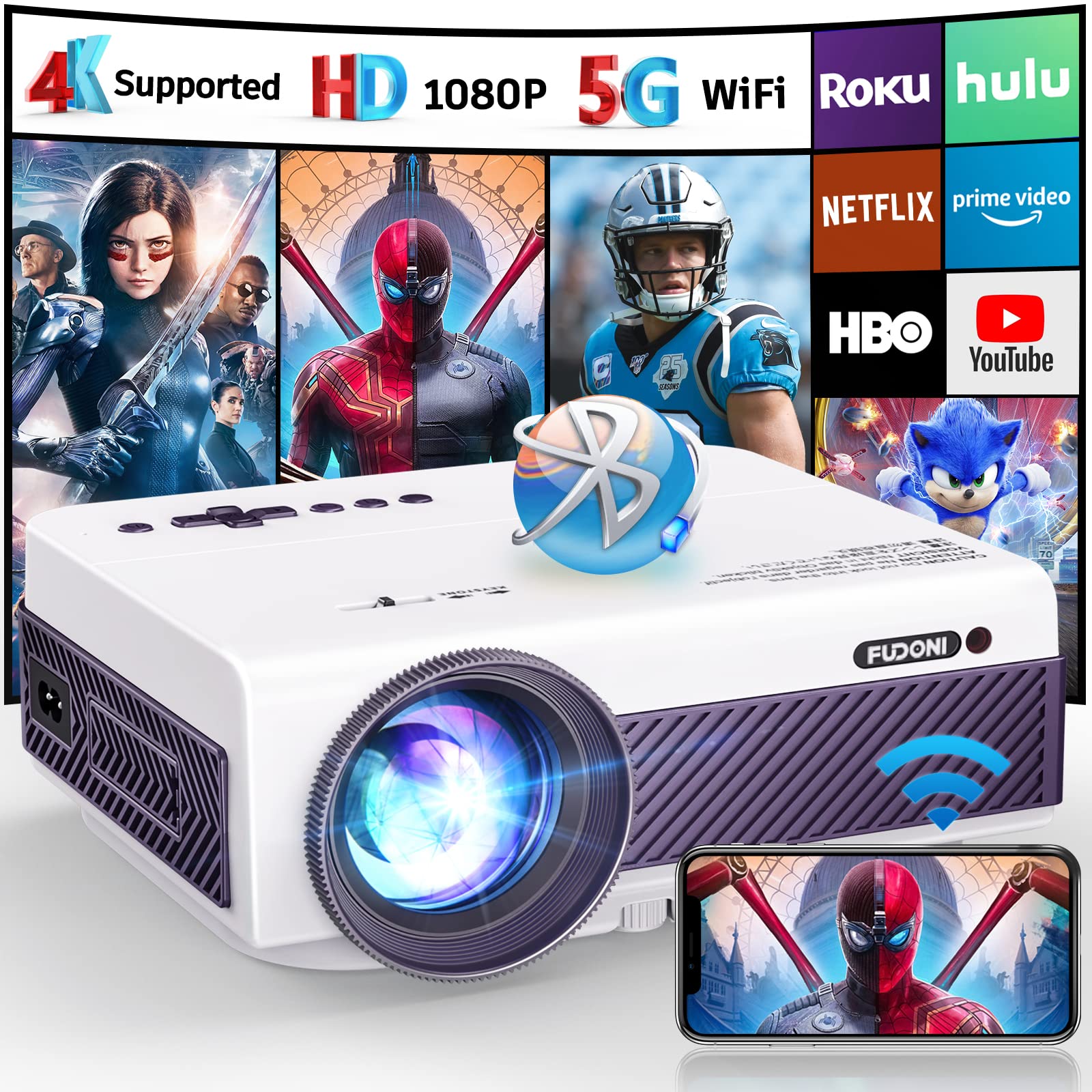 FUDONI 5G WiFi Bluetooth Projector 1080P Full HD 15000L Lumens Portable Outdoor Movie Projector with 4K Support, Keystone & Zoom - Compatible with iOS, Android, Laptop, TV Stick, HDMI, USB, VGA, TF - Perfect for Home Theater, Backyard Movies, Gaming, and Presentations