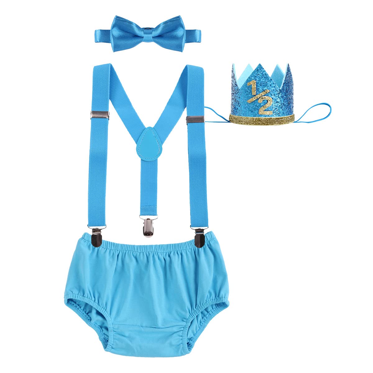 Baby Boy 1st Birthday Cake Smash Outfit Set - Suspenders, Bow Tie & Crown Diaper Cover - Gentlemen Suit for Half Year to One Year Old - Newborn Photography & Baby Shower Clothes - Perfect for Milestone Celebrations and Photo Shoots