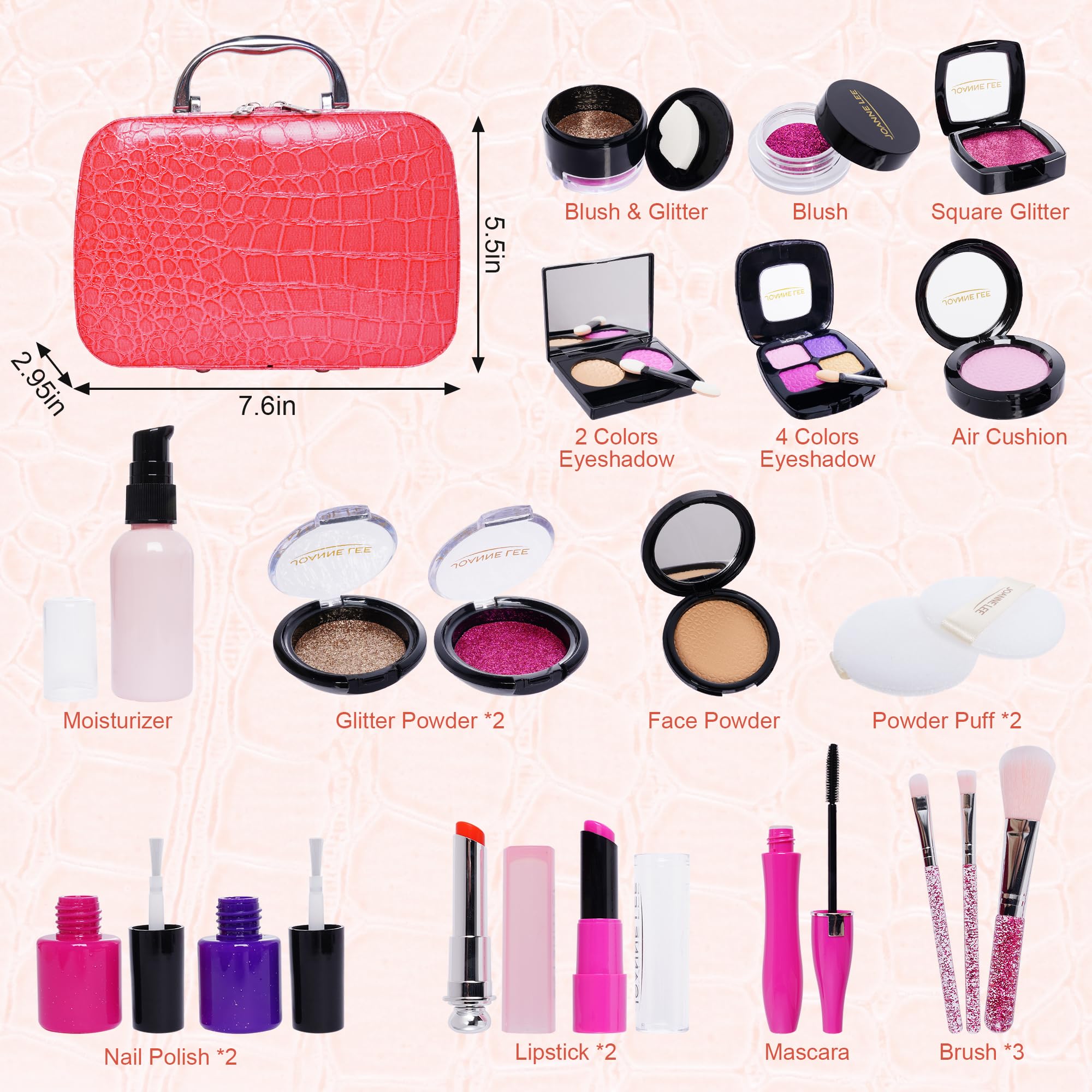 **Pretend Makeup Kit for Girls - 21pcs Rose Pink Play Makeup Set with Leather Bag & Gift Box - Perfect for Birthday & Christmas - Safe & Non-Toxic for Kids Age 3+ (Not Real Makeup) - Great for Role Play, Dress-Up & Imaginative Fun**