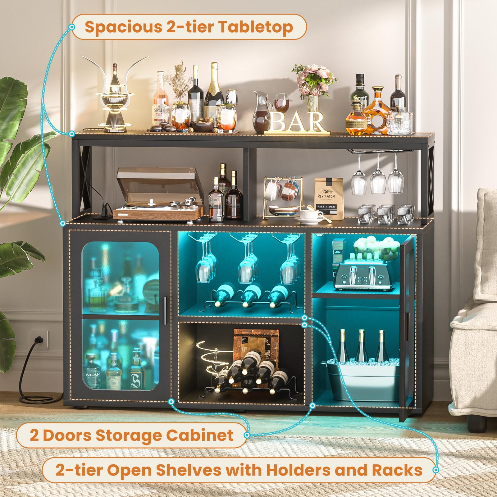 Aheaplus Modern Bar Cabinet with Power Outlets & LED Lights - Wine Storage Cabinet with Glass Holder, Adjustable Shelves & Built-in Racks - Black Buffet Cabinet for Home Bar, Dining Room or Kitchen
