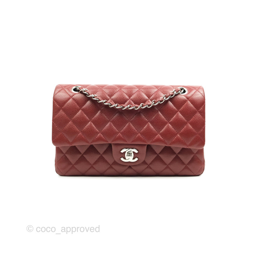 Chanel Classic M/L Medium Double Flap Bag in Dark Red Caviar Leather with Silver Hardware - Perfect for Evening Events, Date Nights & Luxury Fashion Accessories