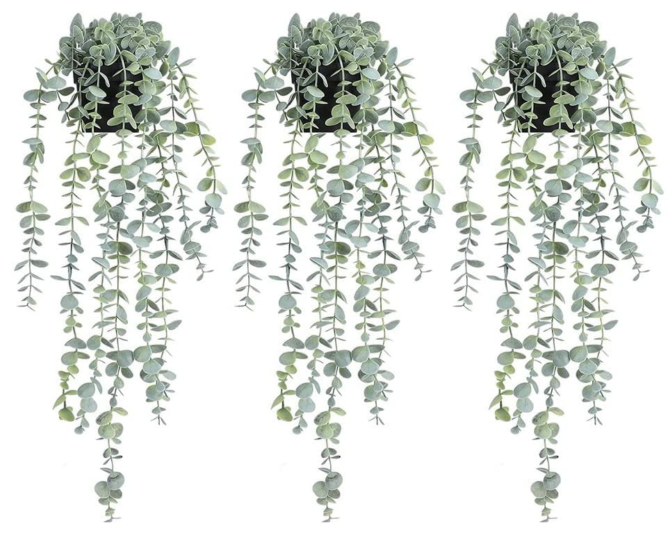 COCOBOO 3 Pack Artificial Hanging Eucalyptus Plants - Fake Potted Greenery for Wall Decor, Home, Patio, Indoor & Outdoor Use - Perfect for Living Room, Bedroom, Office & Wedding Decorations