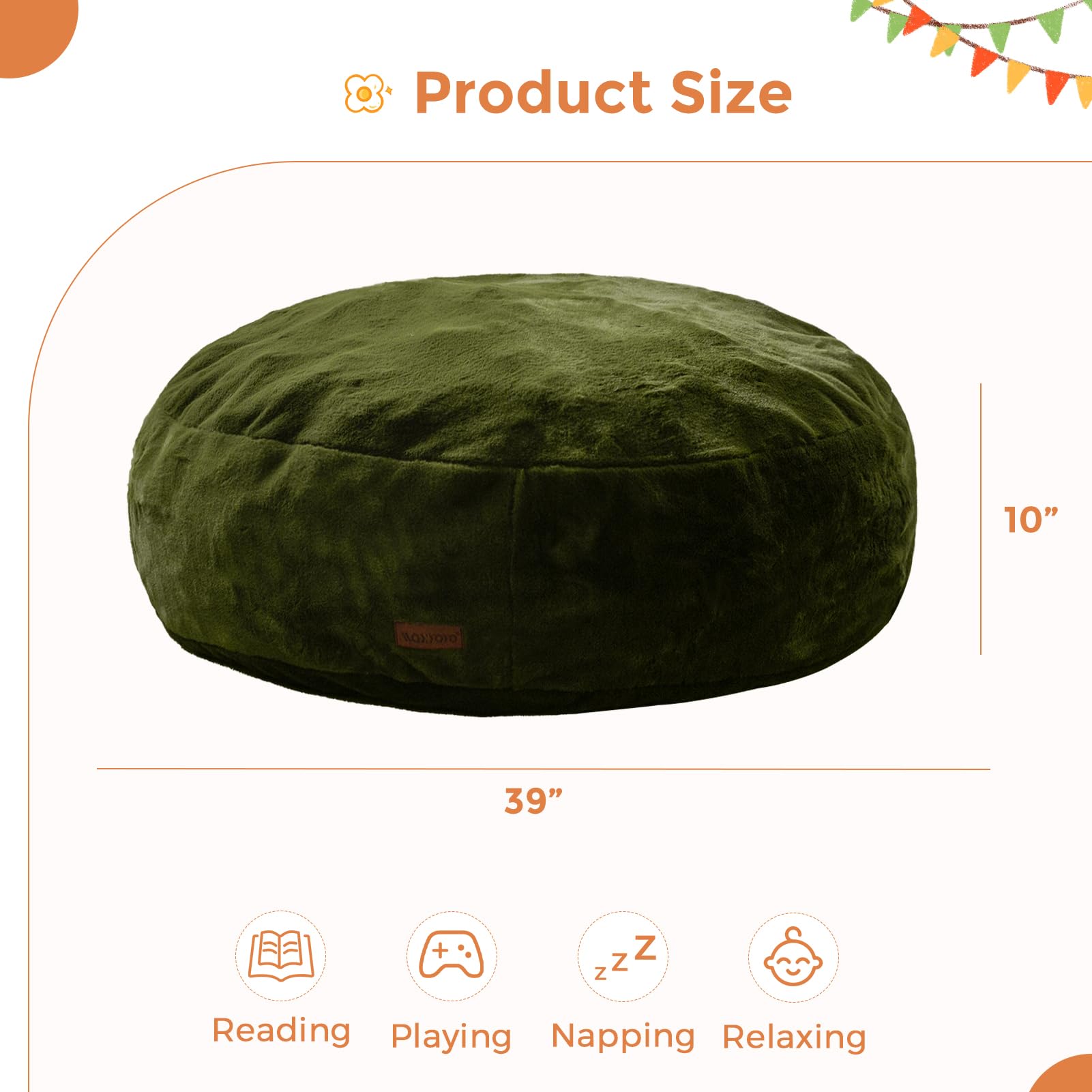 MAXYOYO 3-in-1 Kids Bean Bag Chair Bed - Convertible Faux Fur Round Floor Sofa for Children, Gaming & Reading - Soft Green - Perfect for Playroom, Bedroom & Dorm Decor