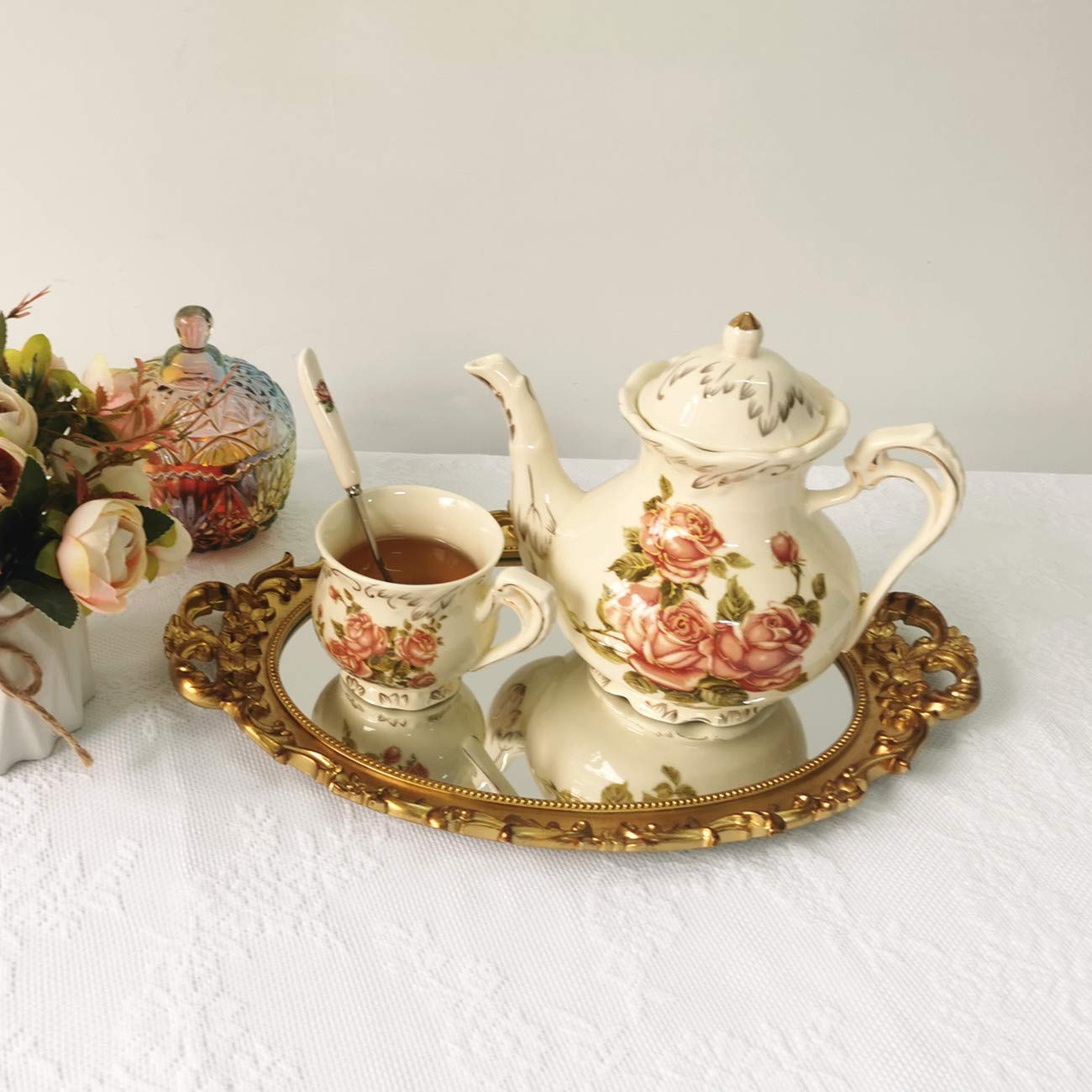 Hamphinee Gold Oval Floral Wall Mirror Tray - 9.8