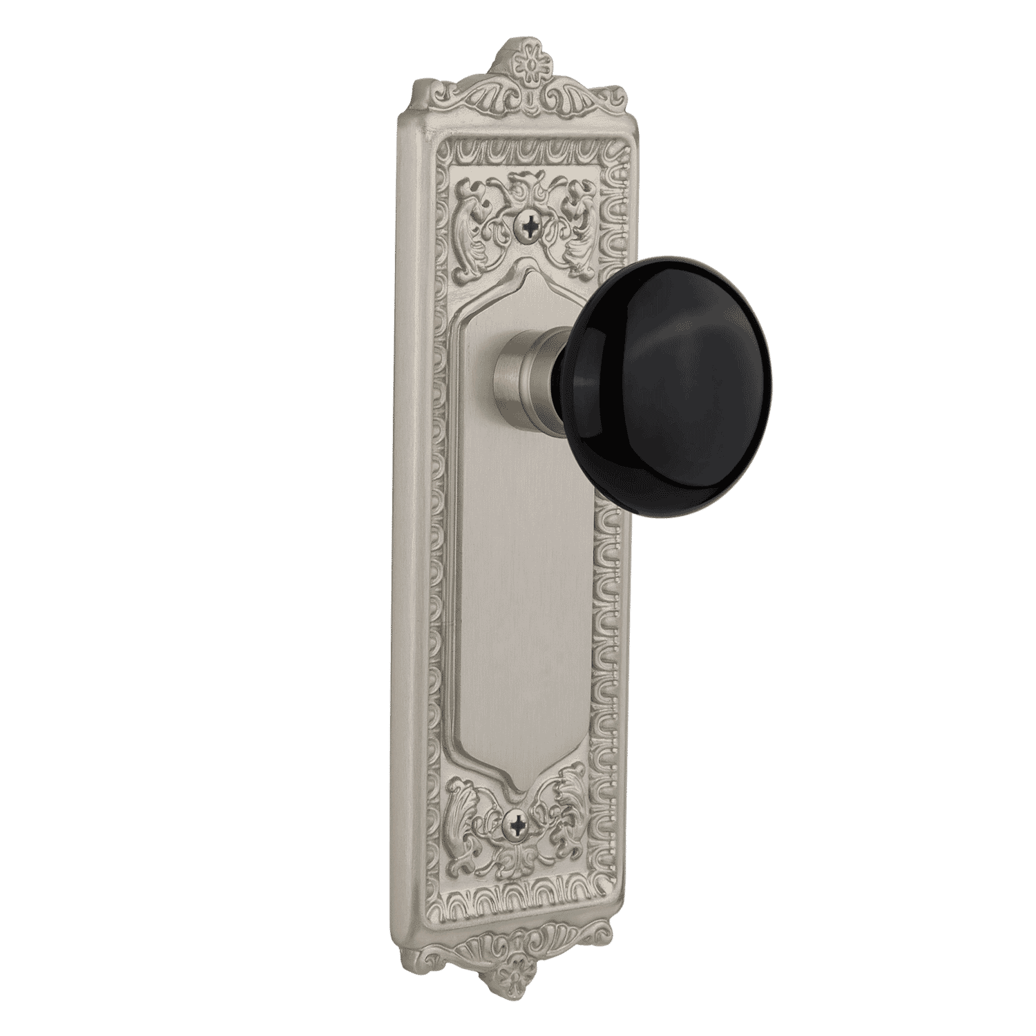 Elegant Egg & Dart Long Plate with Black Porcelain Knob in Satin Nickel - Perfect for Cabinet Doors, Drawers & Vintage Style Furniture Hardware Upgrade