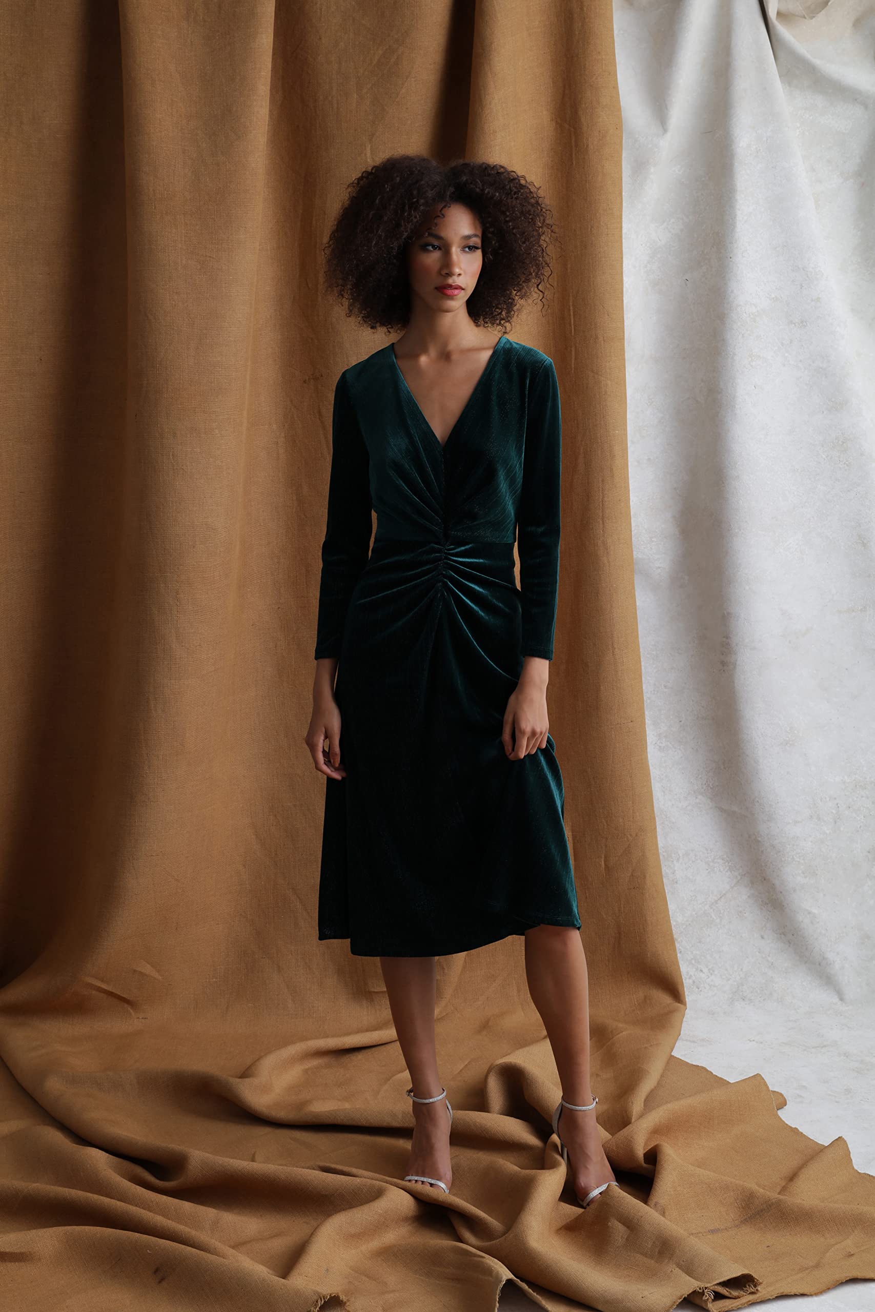 Maggy London V-Neck Shirred Midi Dress for Women | Office & Party Wear