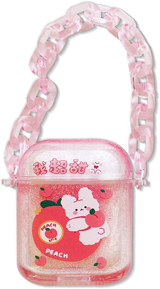 Cute Kawaii Clear Liquid Sequins AirPods 3 Case - Hard Protective Cover with Color Chain for Wireless Charging | Bunny Peach Design for Teens Girls & Women | Perfect for School, Travel & Everyday Use
