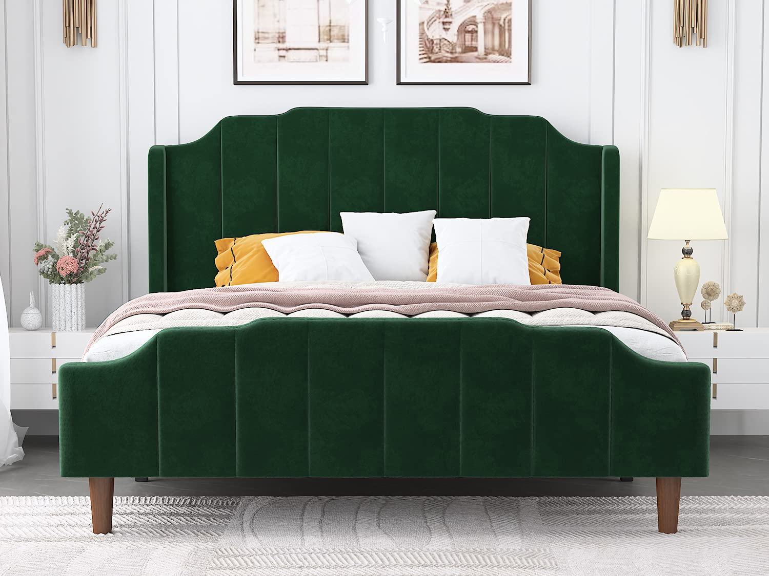 Hoomic Queen Size Upholstered Platform Bed Frame with Curved Velvet Wingback Headboard & Footboard - Solid Wood Support, No Box Spring Required, Easy Assembly, Emerald Green - Perfect for Master Bedroom, Guest Room & Luxury Bedroom Decor